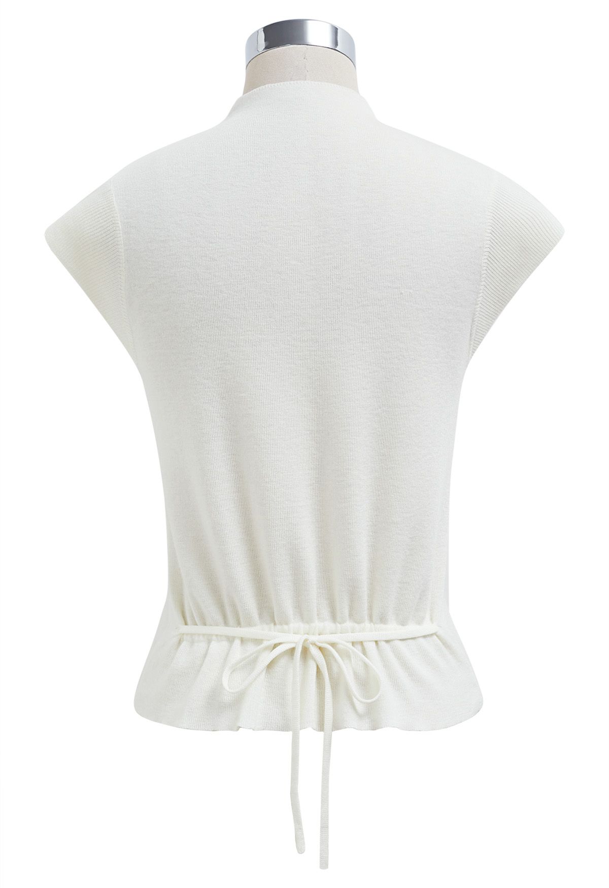 Back Drawstring Waist Mock Neck Knit Top in White