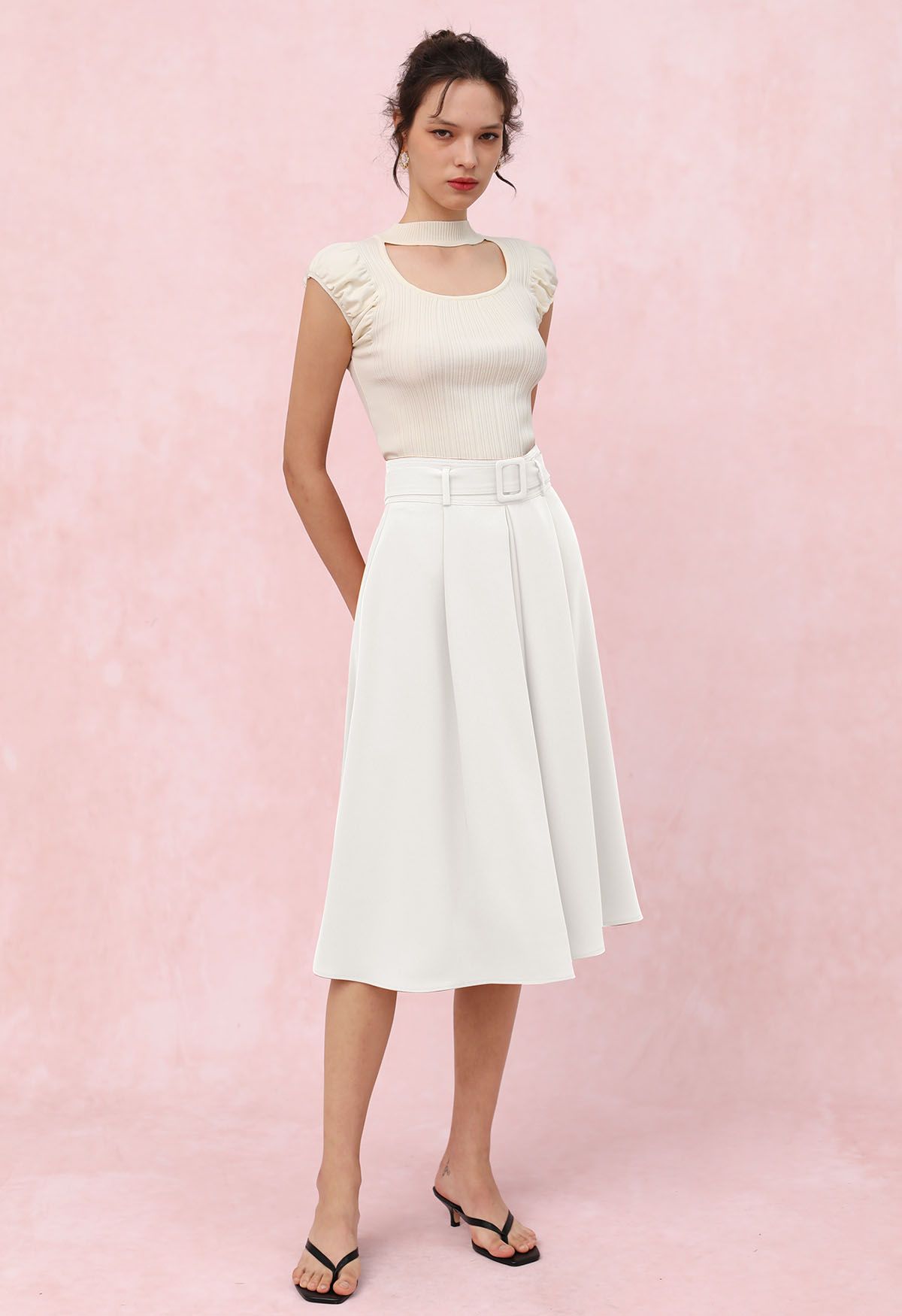 Refined Pleated Belt Midi Skirt in White