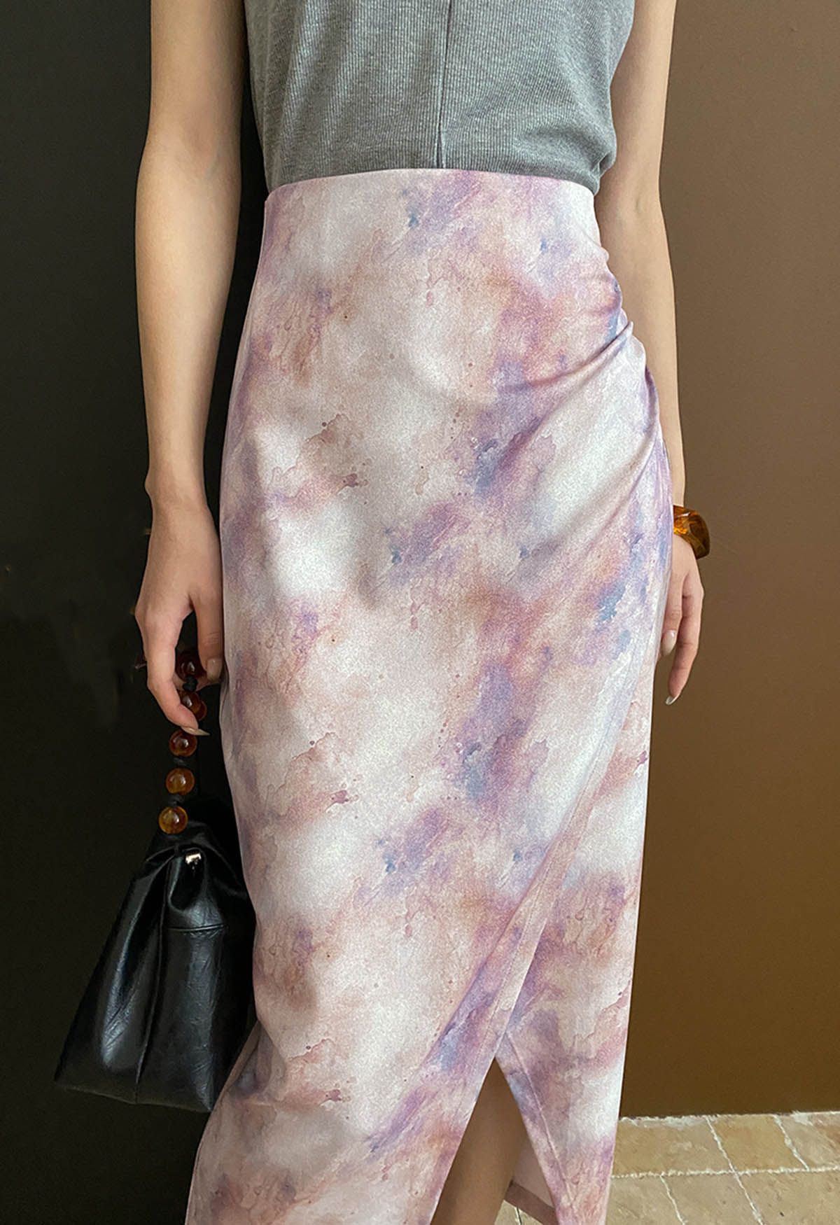 Tie Dye Asymmetric Front Slit Skirt in Lavender