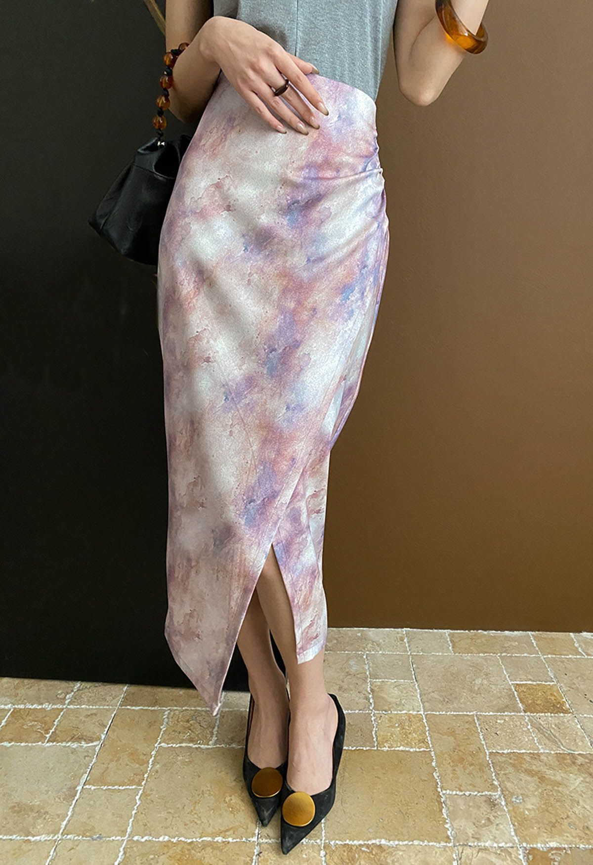 Tie Dye Asymmetric Front Slit Skirt in Lavender