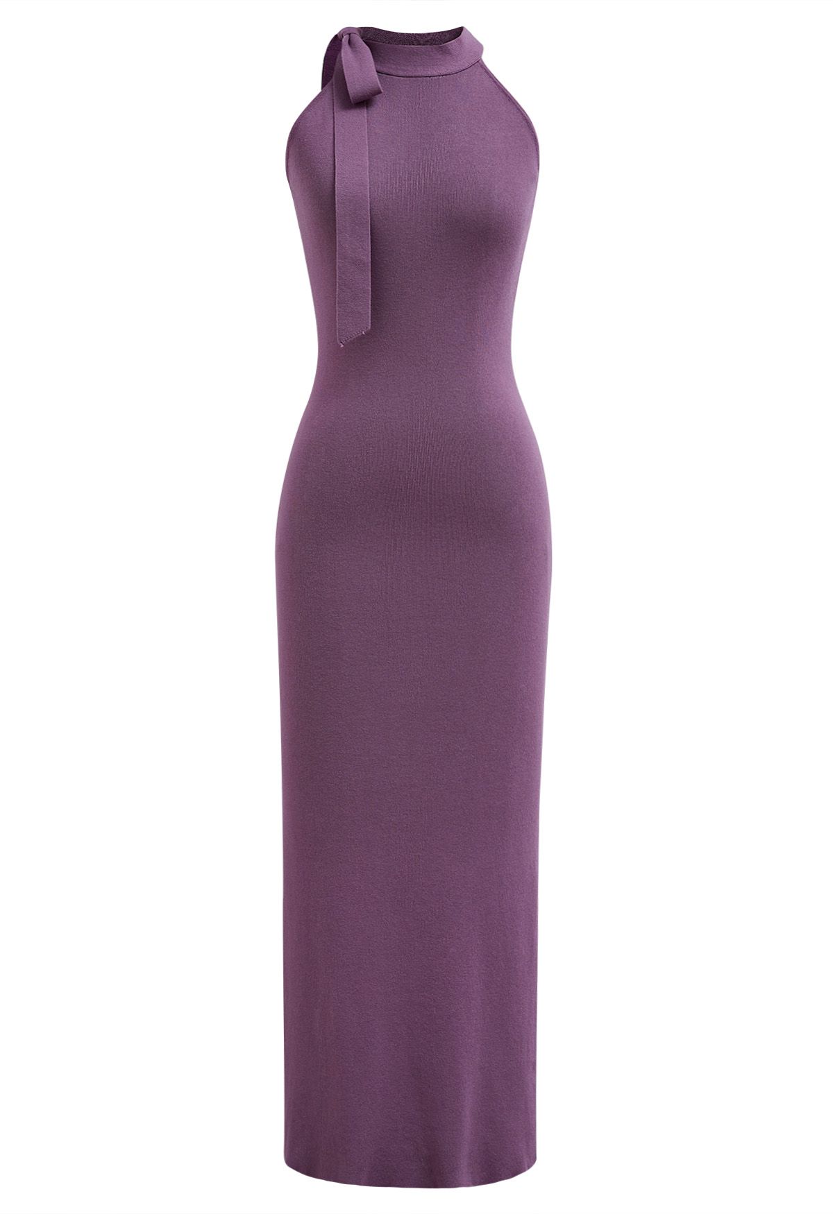 Side Bowknot Neckline Bodycon Knit Dress in Purple