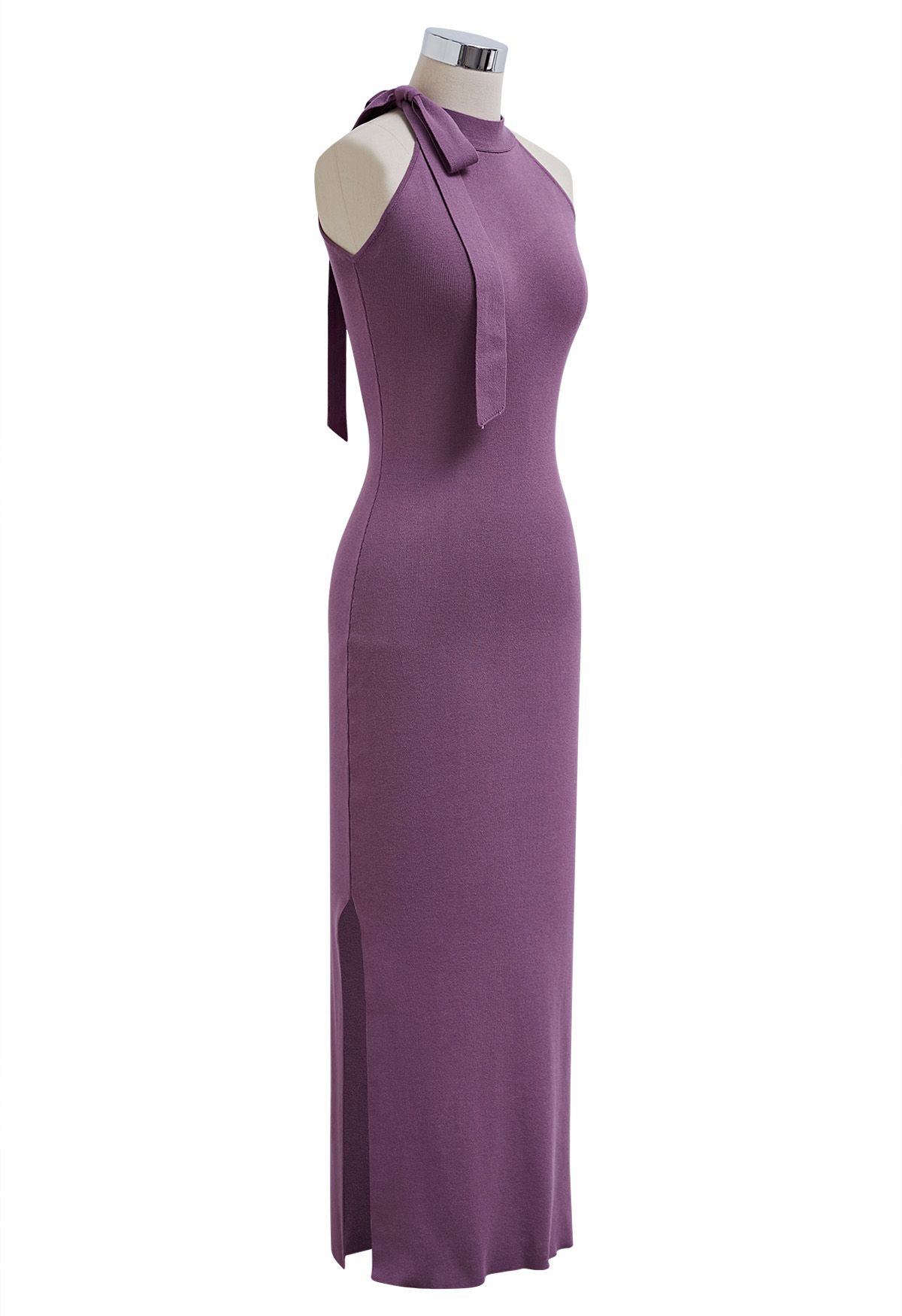 Side Bowknot Neckline Bodycon Knit Dress in Purple