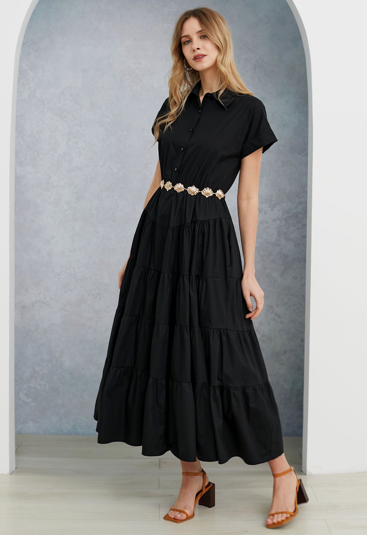 Short Sleeves Frilling Cotton Maxi Dress in Black
