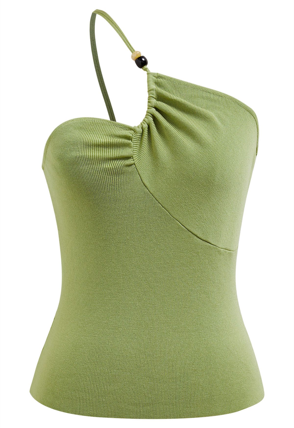 Beaded One-Shoulder Knit Top in Green