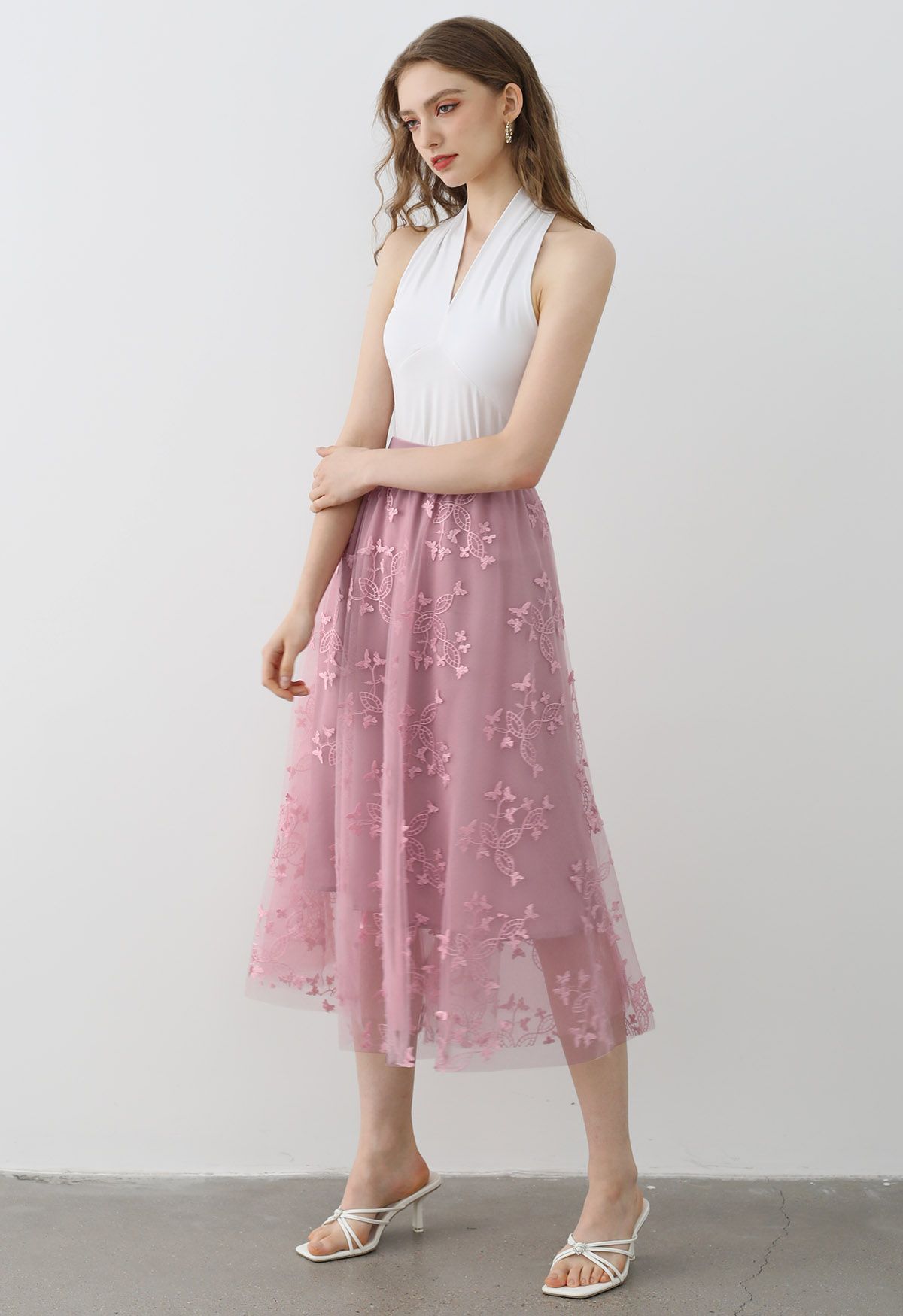 Cutie Butterfly Embroidered Mesh Tulle Midi Skirt