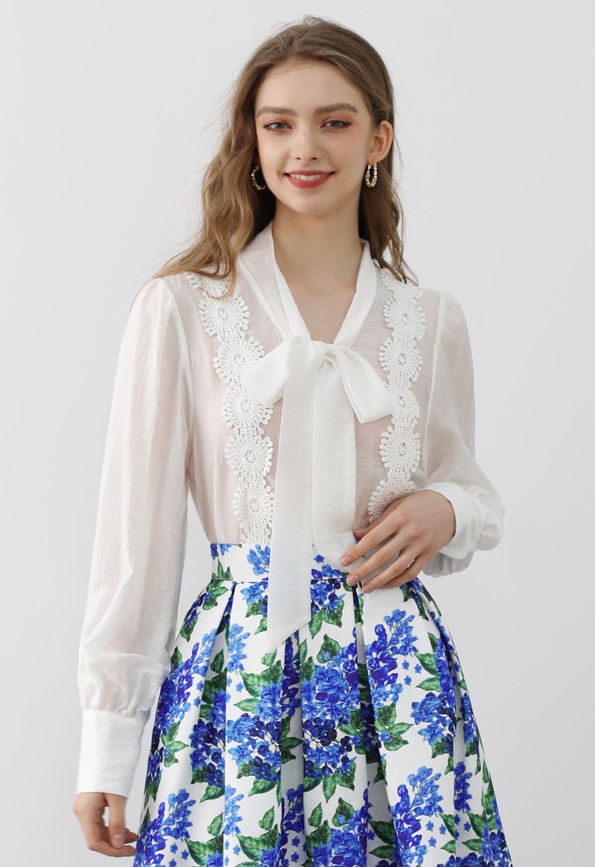 Chic Bowknot Cutwork Crochet Semi-Sheer Top