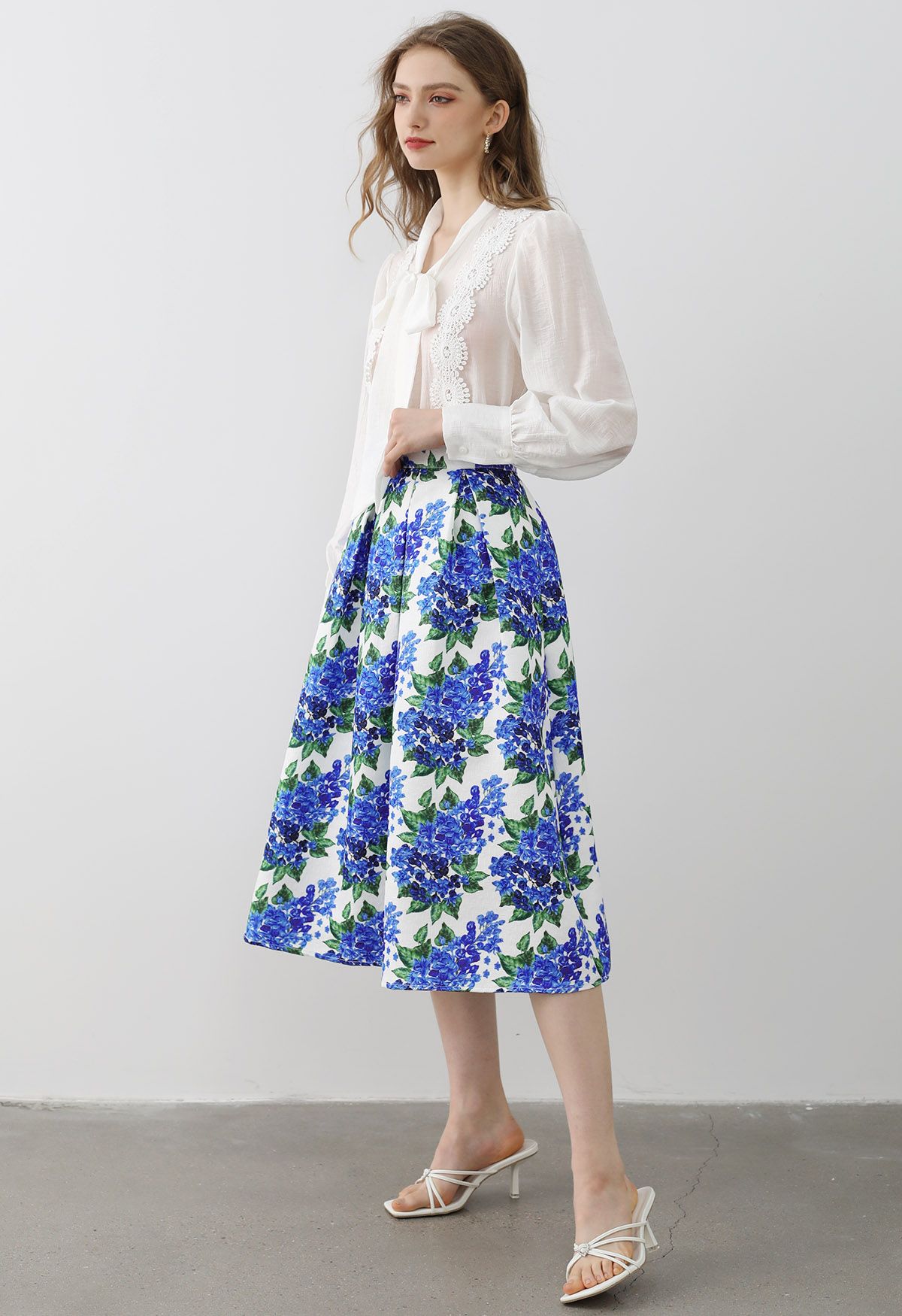 Blue Floral Romance Pleated Midi Skirt