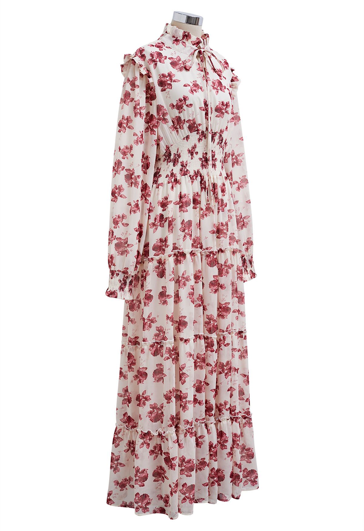 Darling Red Floral Tie Neck Maxi Dress