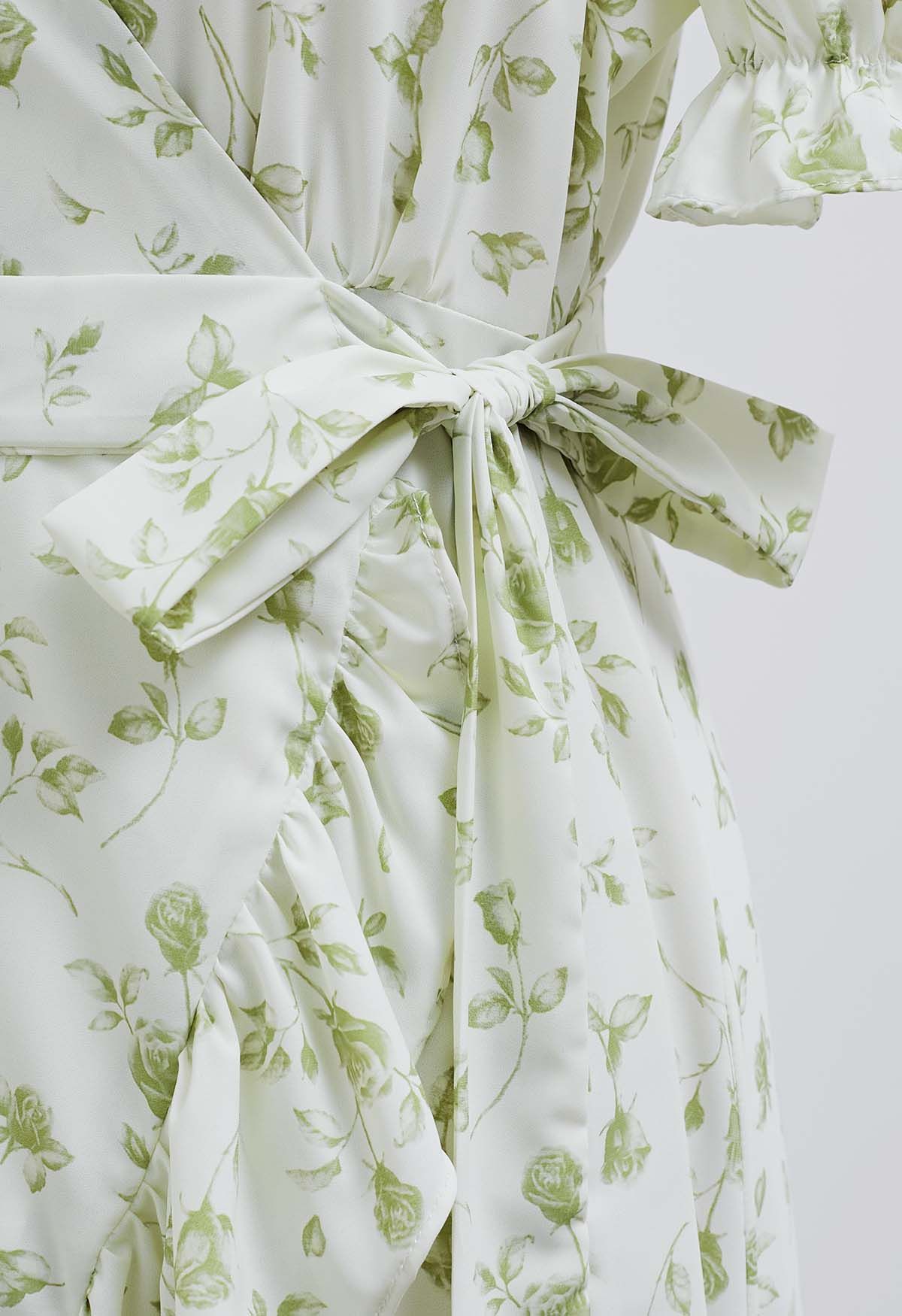 Watercolor Rose Print Wrap Midi Dress in Pistachio