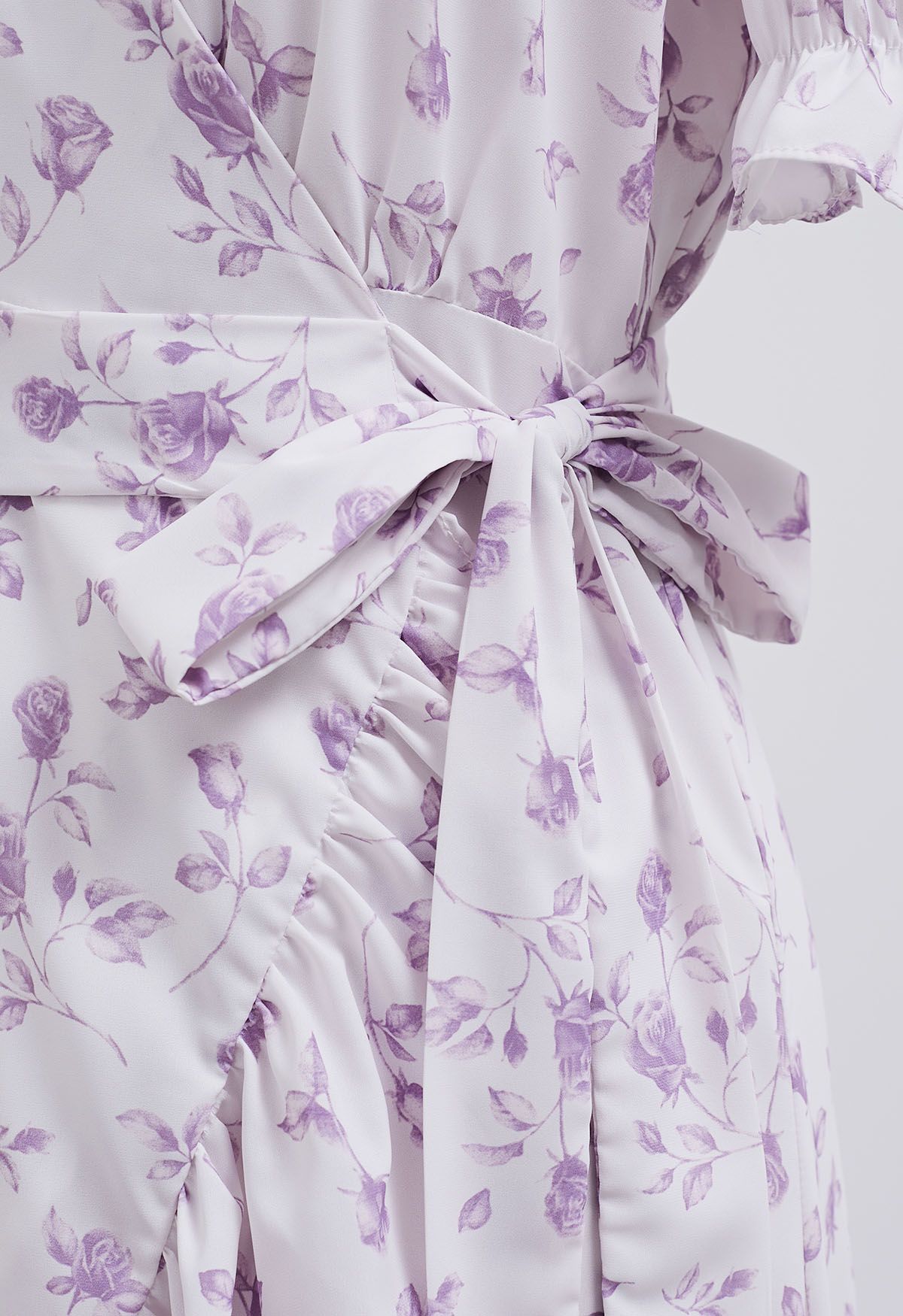 Watercolor Rose Print Wrap Midi Dress in Lilac