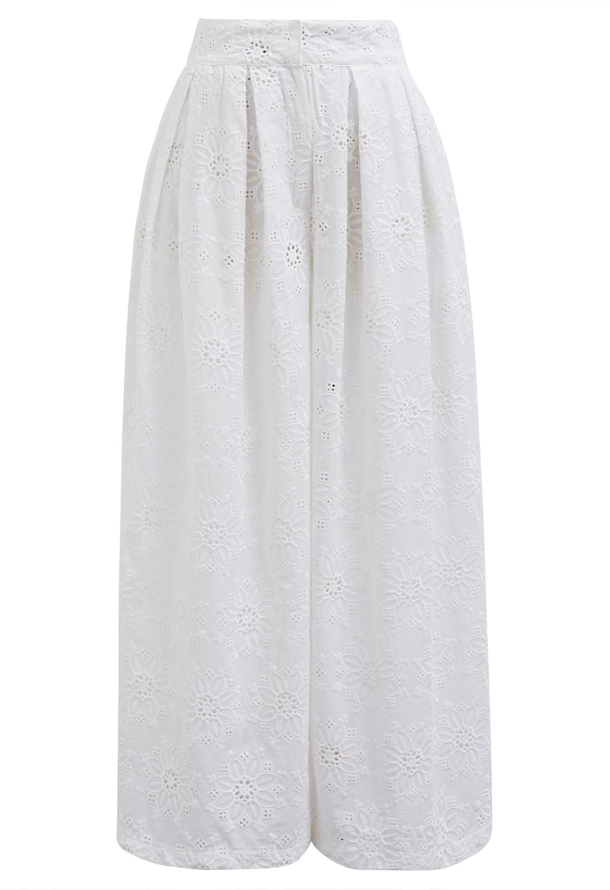 Sunflower Eyelet Embroidered Puff Sleeve Top and Pants Set in White