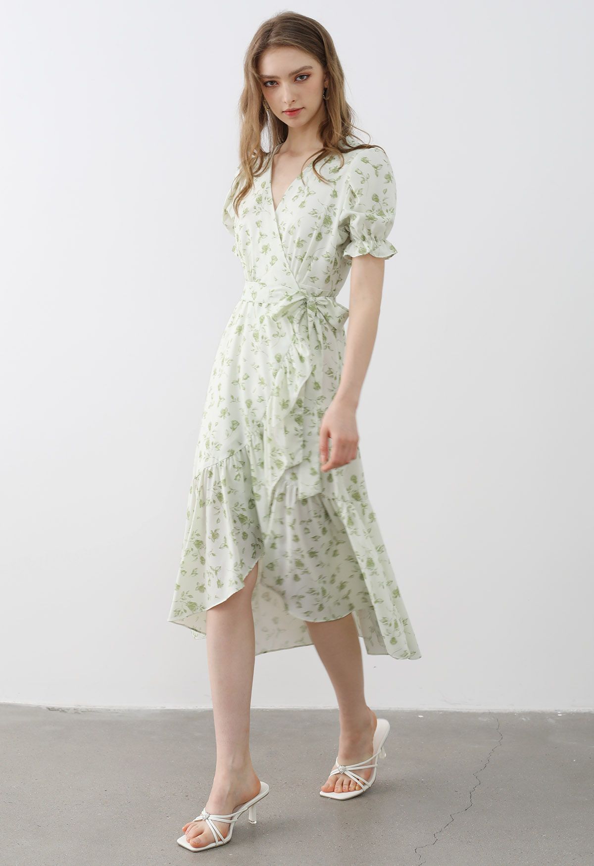 Watercolor Rose Print Wrap Midi Dress in Pistachio