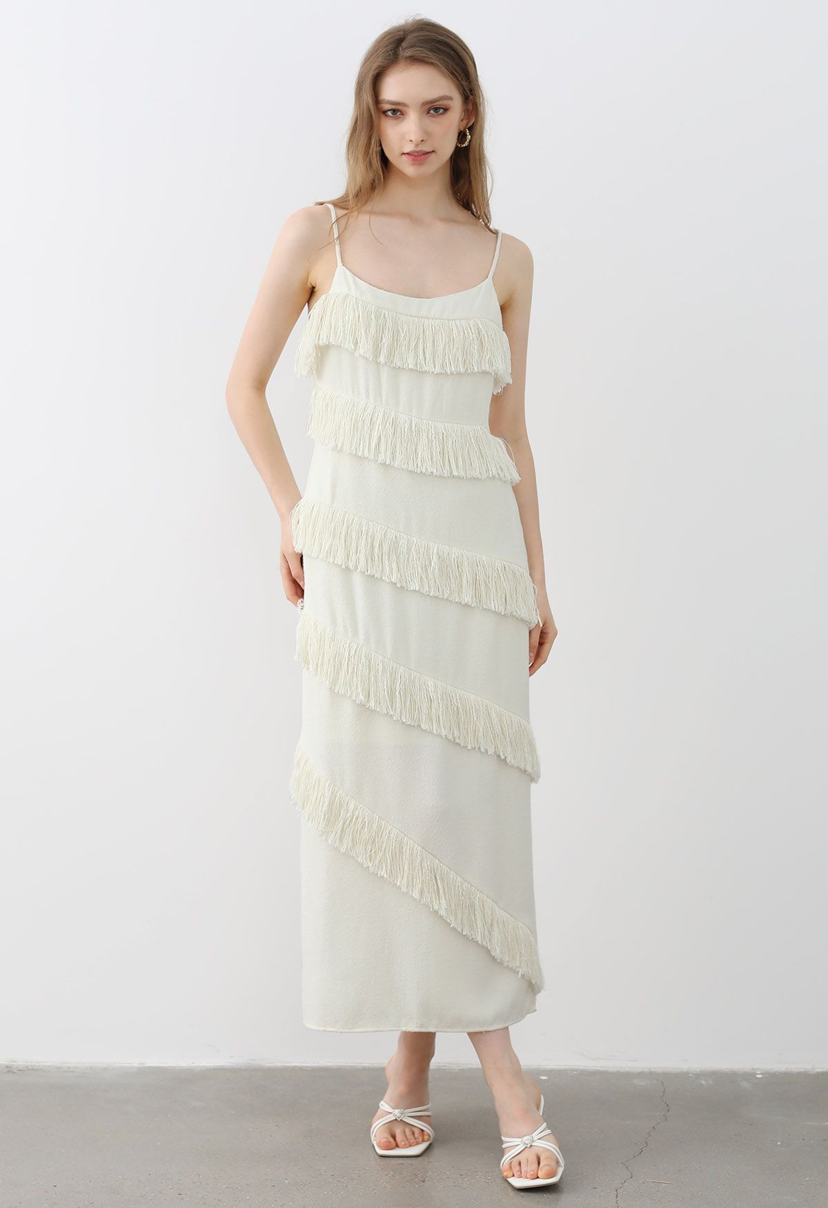 Playful Fringe Textured Cami Dress in Cream