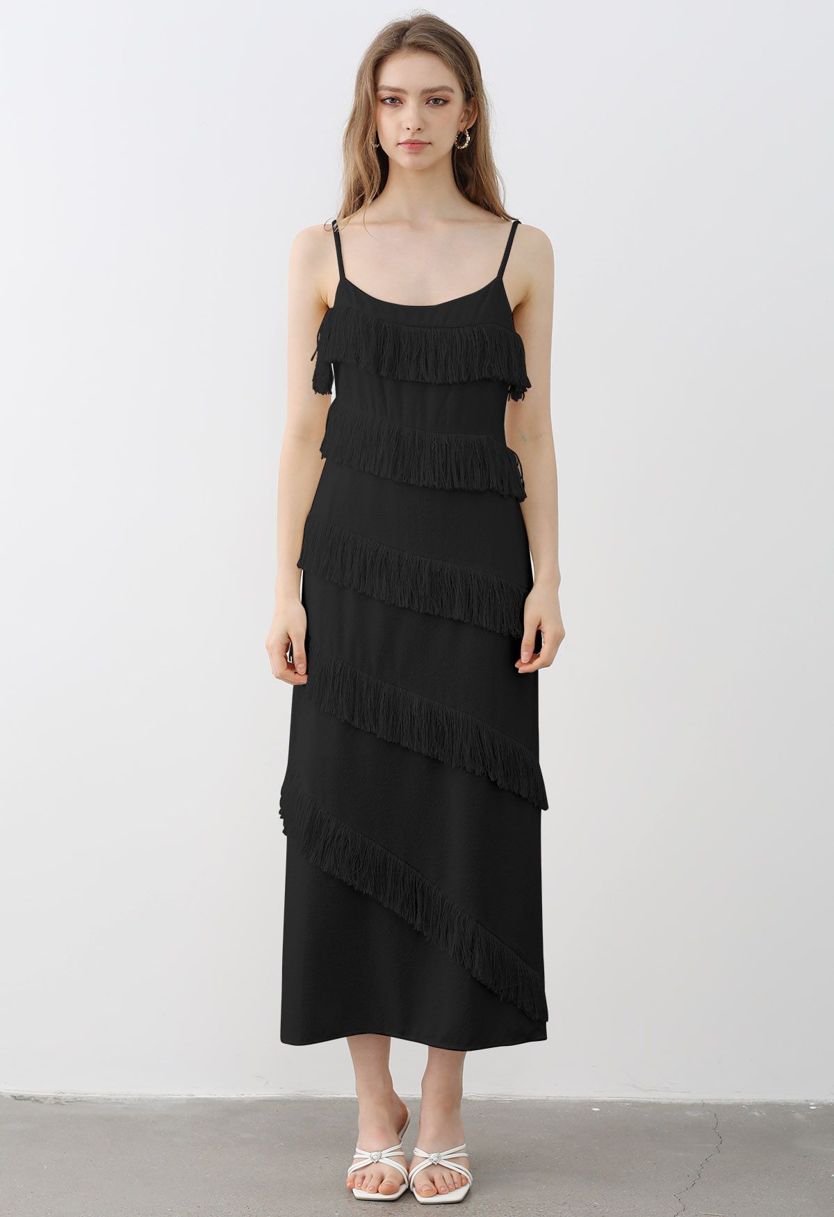 Playful Fringe Textured Cami Dress in Black