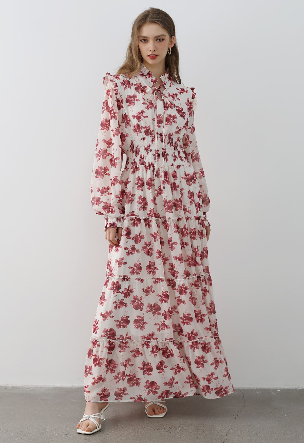 Darling Red Floral Tie Neck Maxi Dress