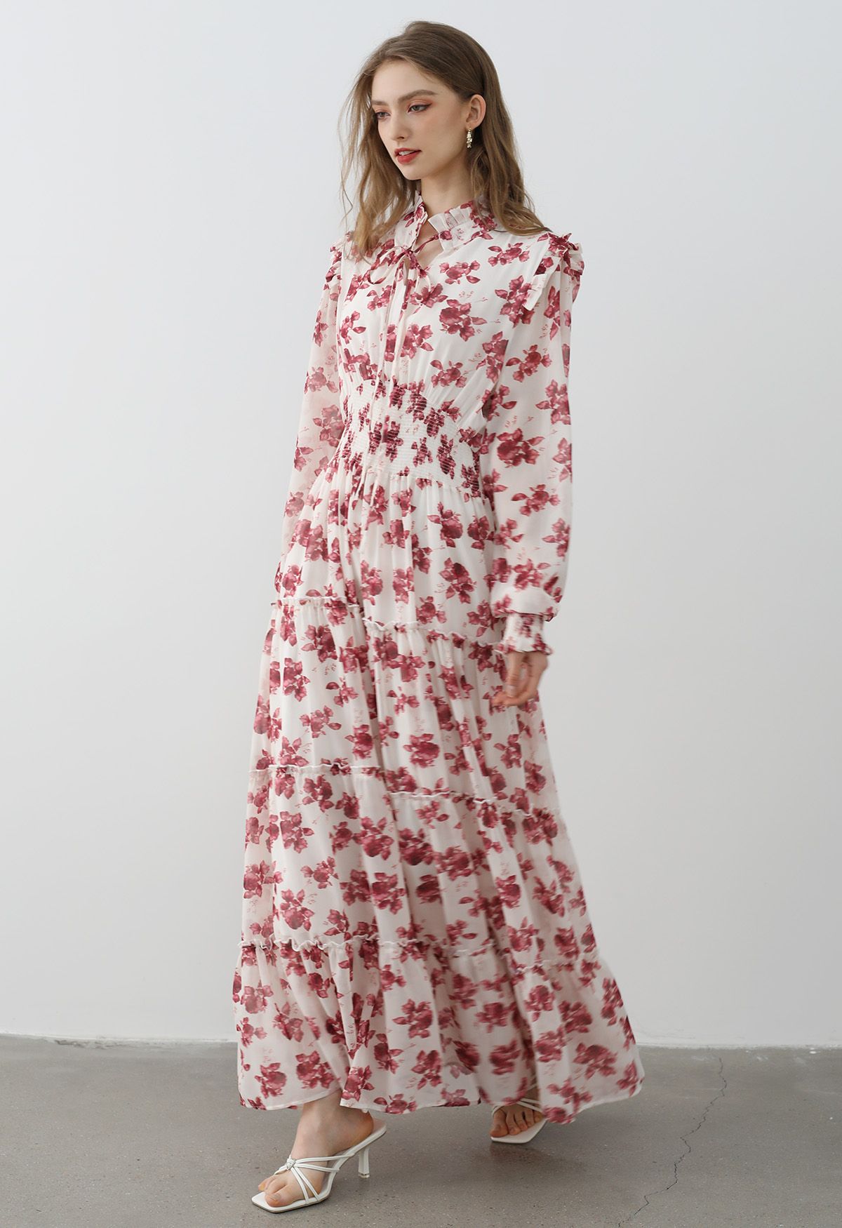 Darling Red Floral Tie Neck Maxi Dress