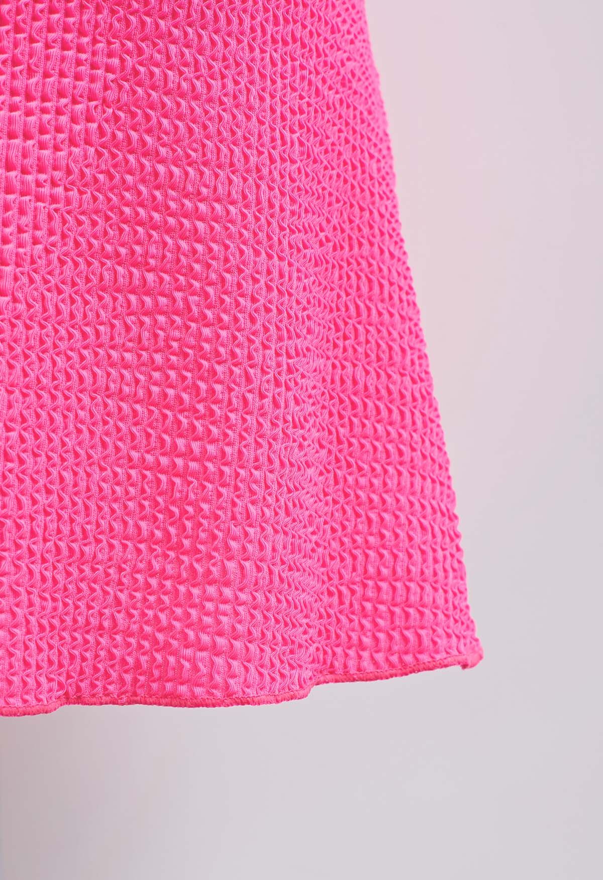 Three-Piece Wavy Texture Twist Bikini Set in Hot Pink