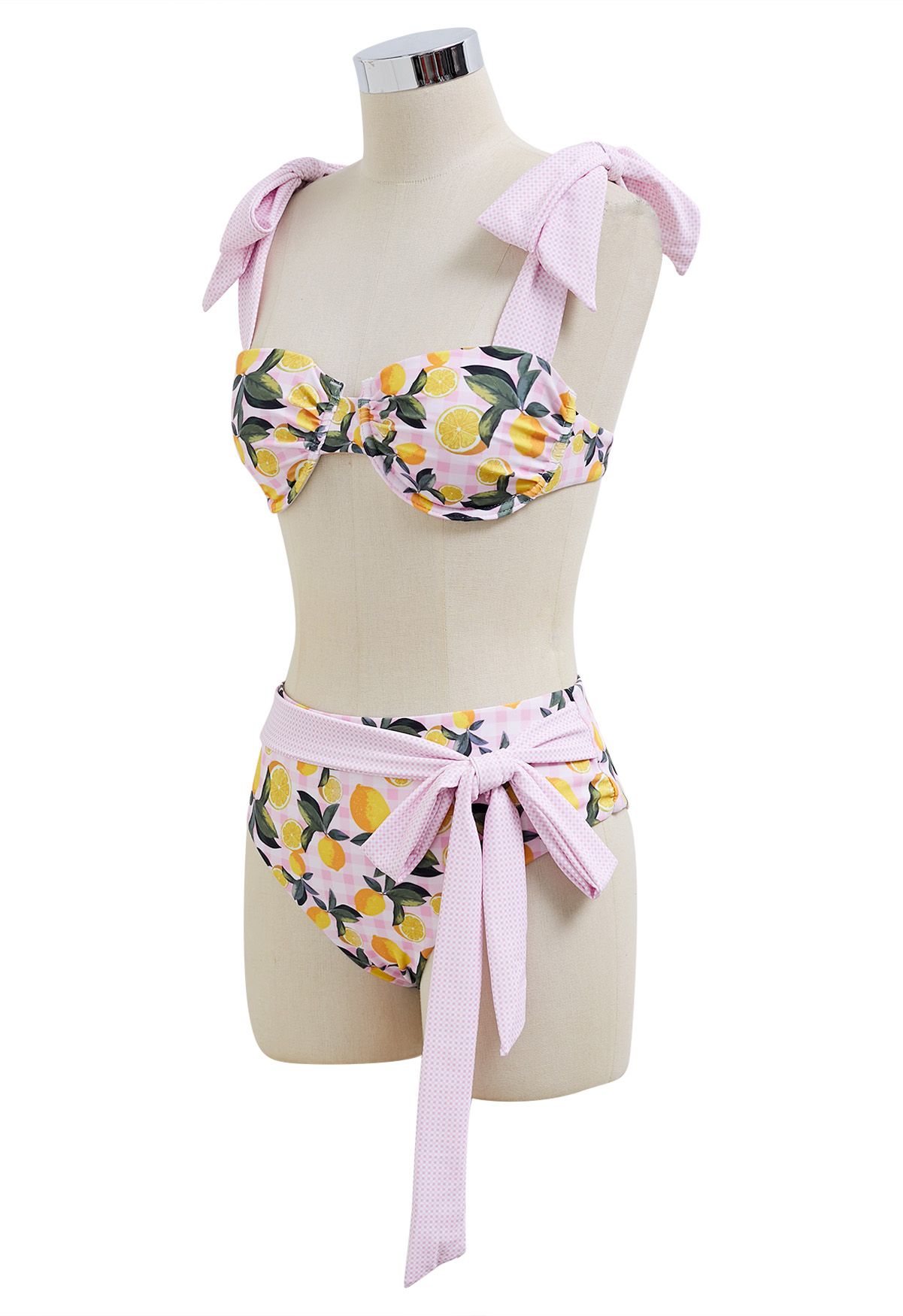 Bowknot Lemon Print Gingham Pattern Bikini Set