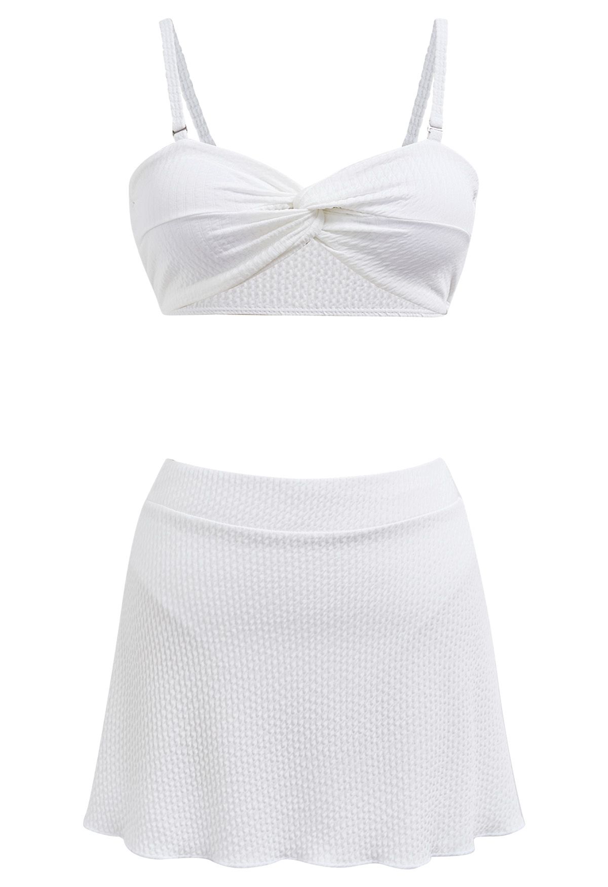 Three-Piece Wavy Texture Twist Bikini Set in White