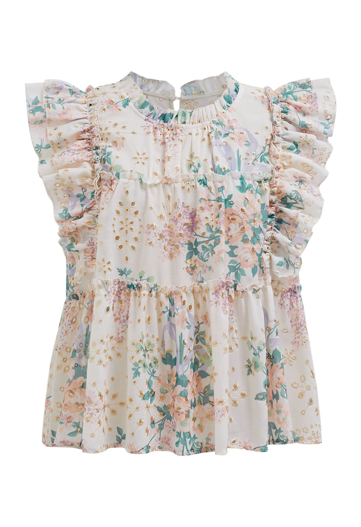 Metallic Embroidered Floral Print Sleeveless Dolly Top