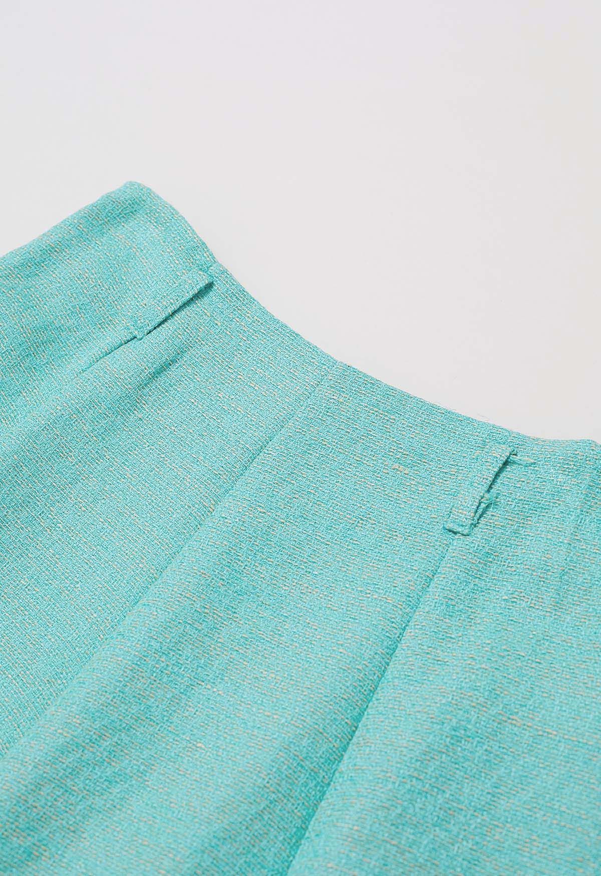 Shimmer Tweed Belted A-Line Midi Skirt in Turquoise