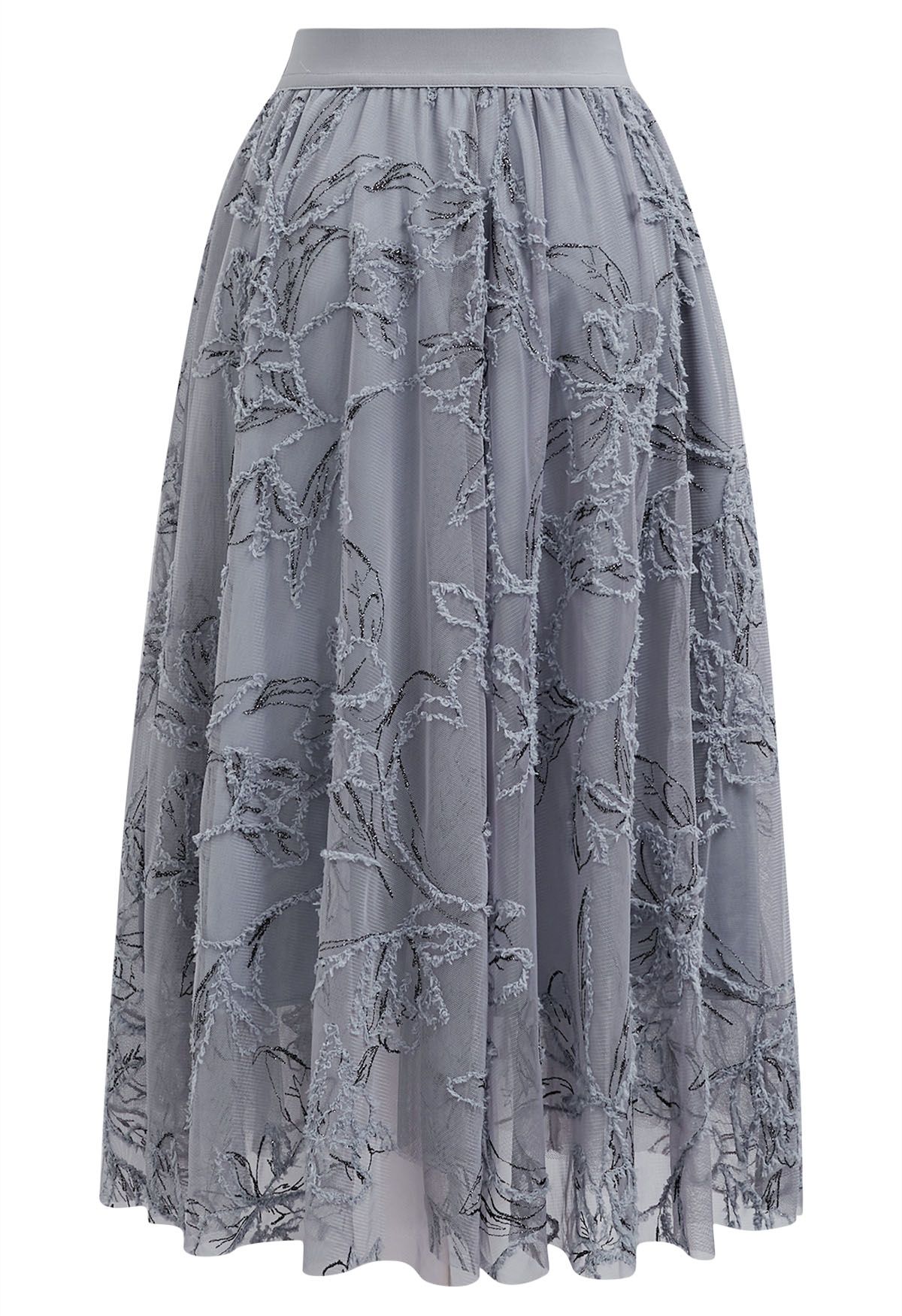 Metallic Thread Fuzzy Floral Mesh Midi Skirt in Grey