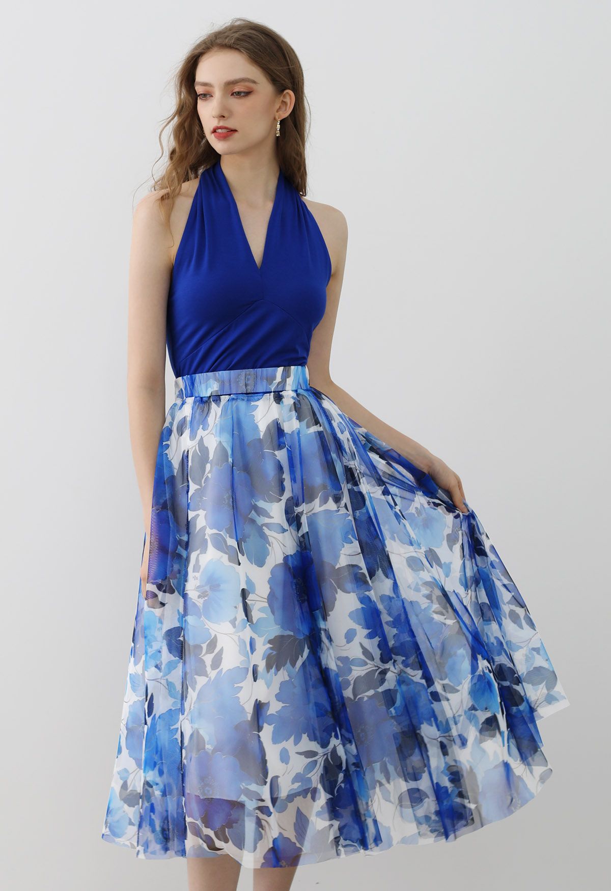 Dancing in Flowers Blue Watercolor Mesh Tulle Skirt 