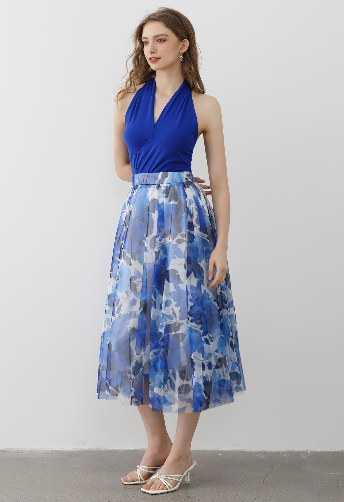 Dancing in Flowers Blue Watercolor Mesh Tulle Skirt 