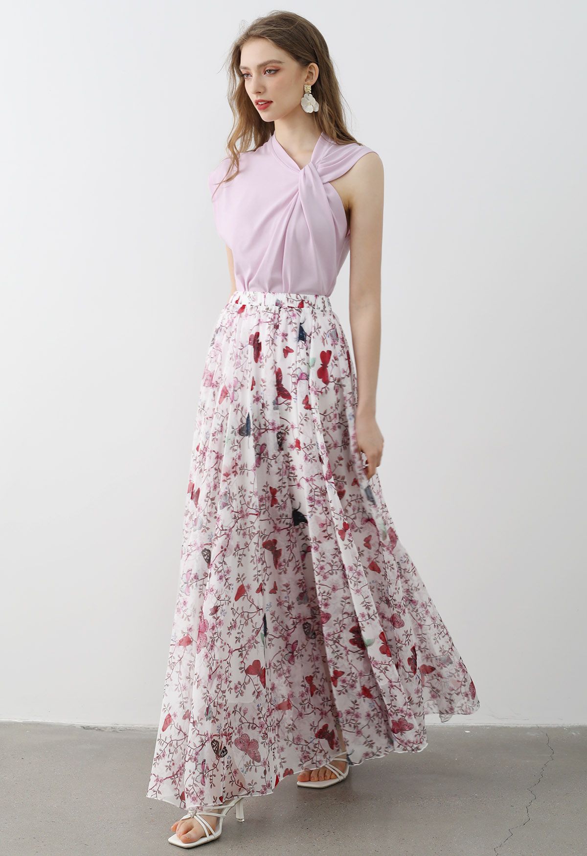 Butterfly Floral Chiffon Maxi Skirt