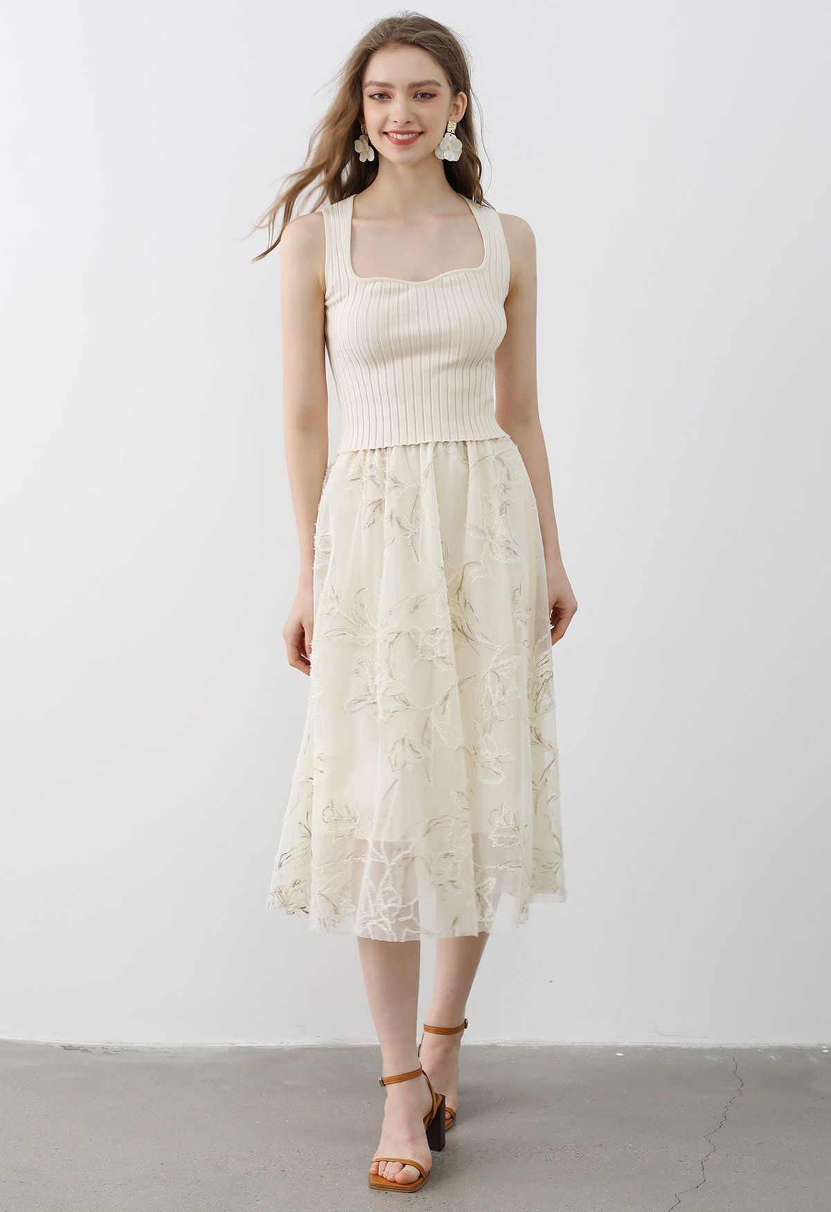 Metallic Thread Fuzzy Floral Mesh Midi Skirt in Cream