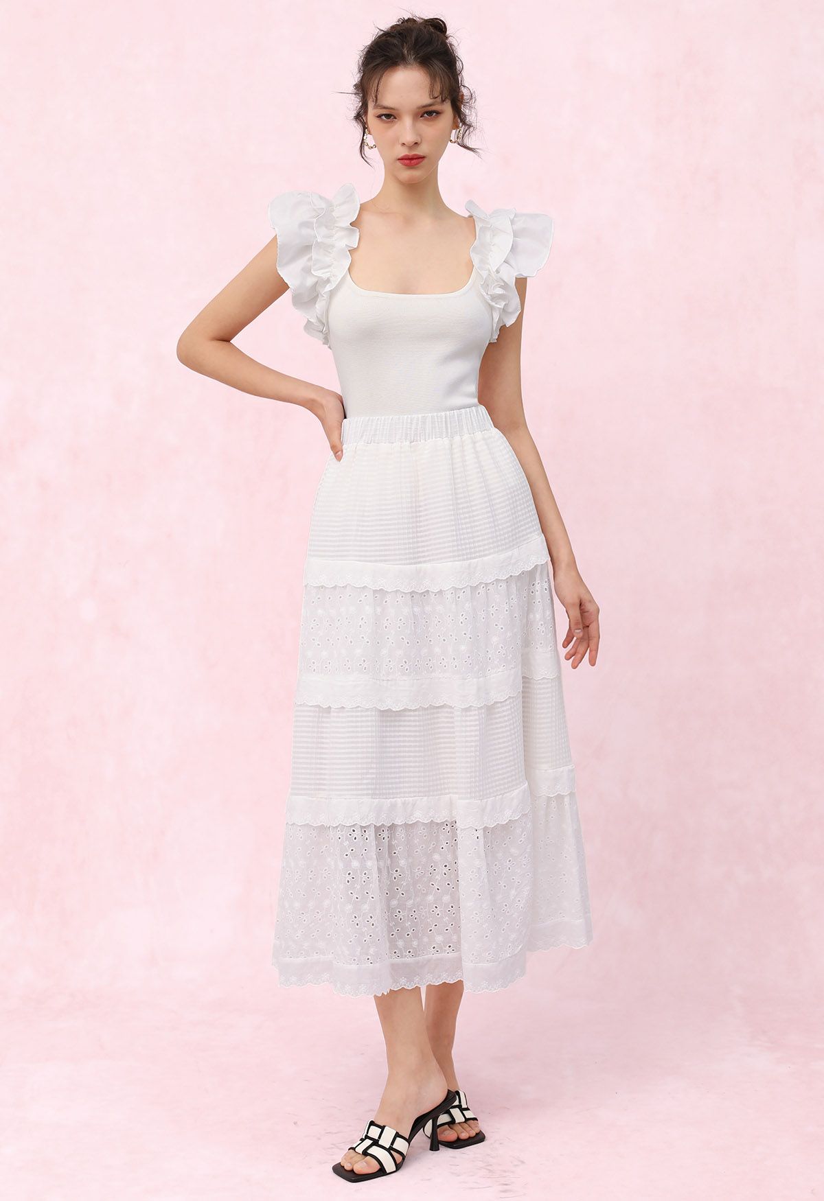 Eyelet Embroidery Ruffle Edge Cotton-Blend Skirt