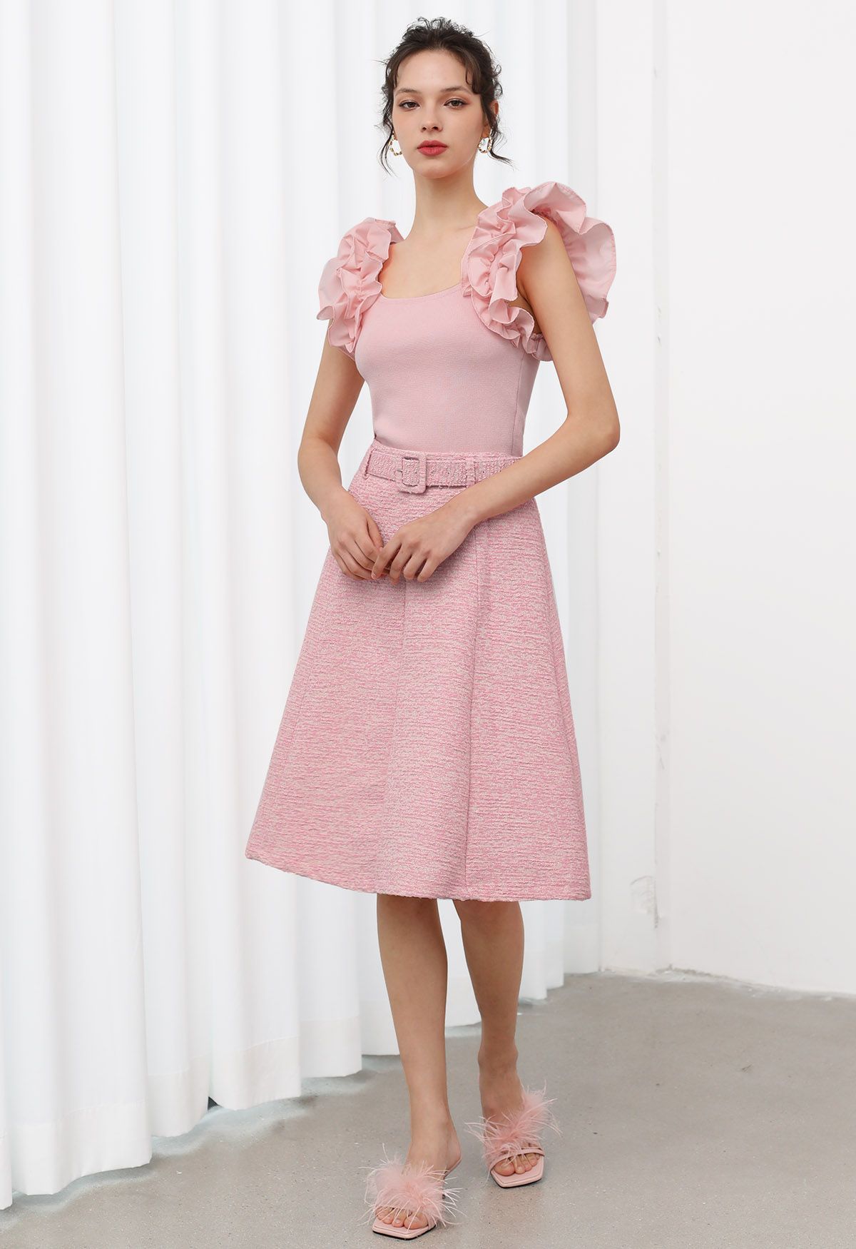 Shimmer Tweed Belted A-Line Midi Skirt in Pink