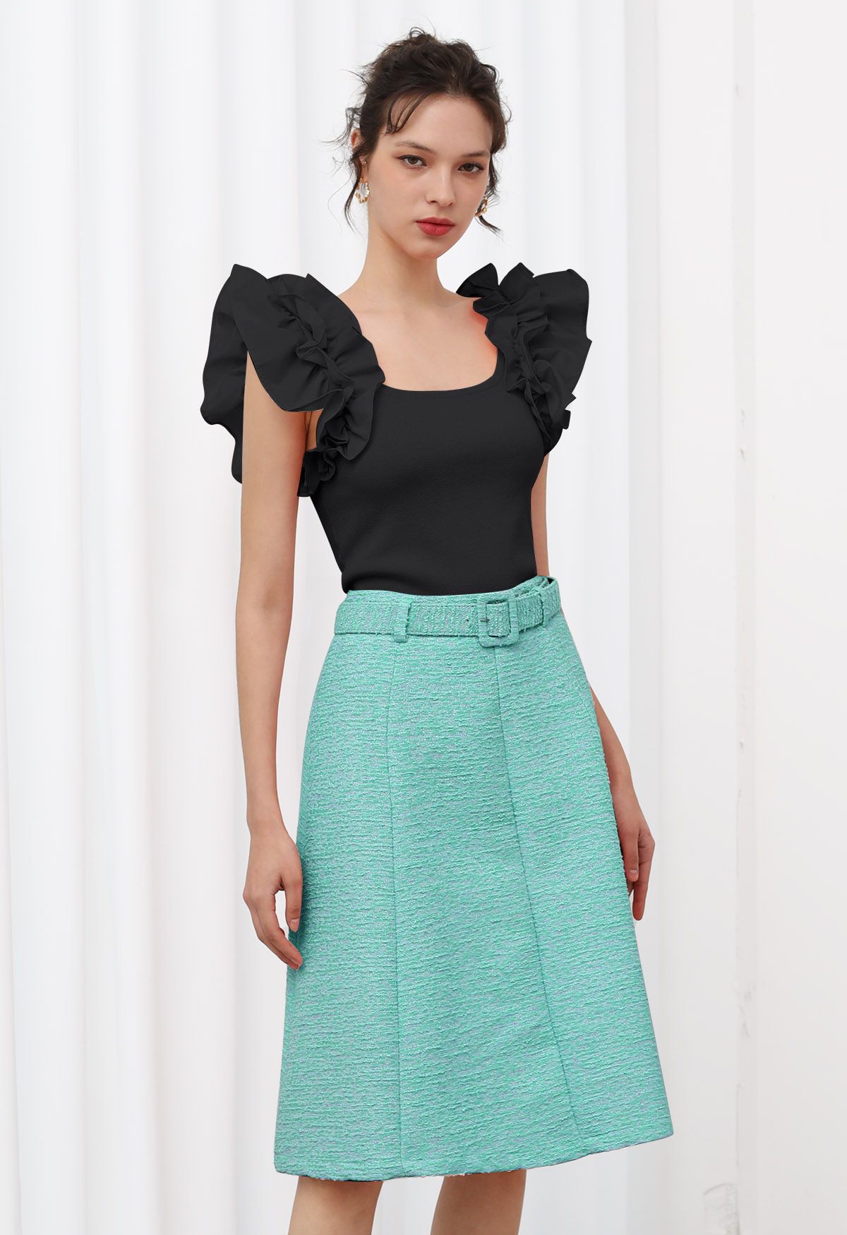 Shimmer Tweed Belted A-Line Midi Skirt in Turquoise