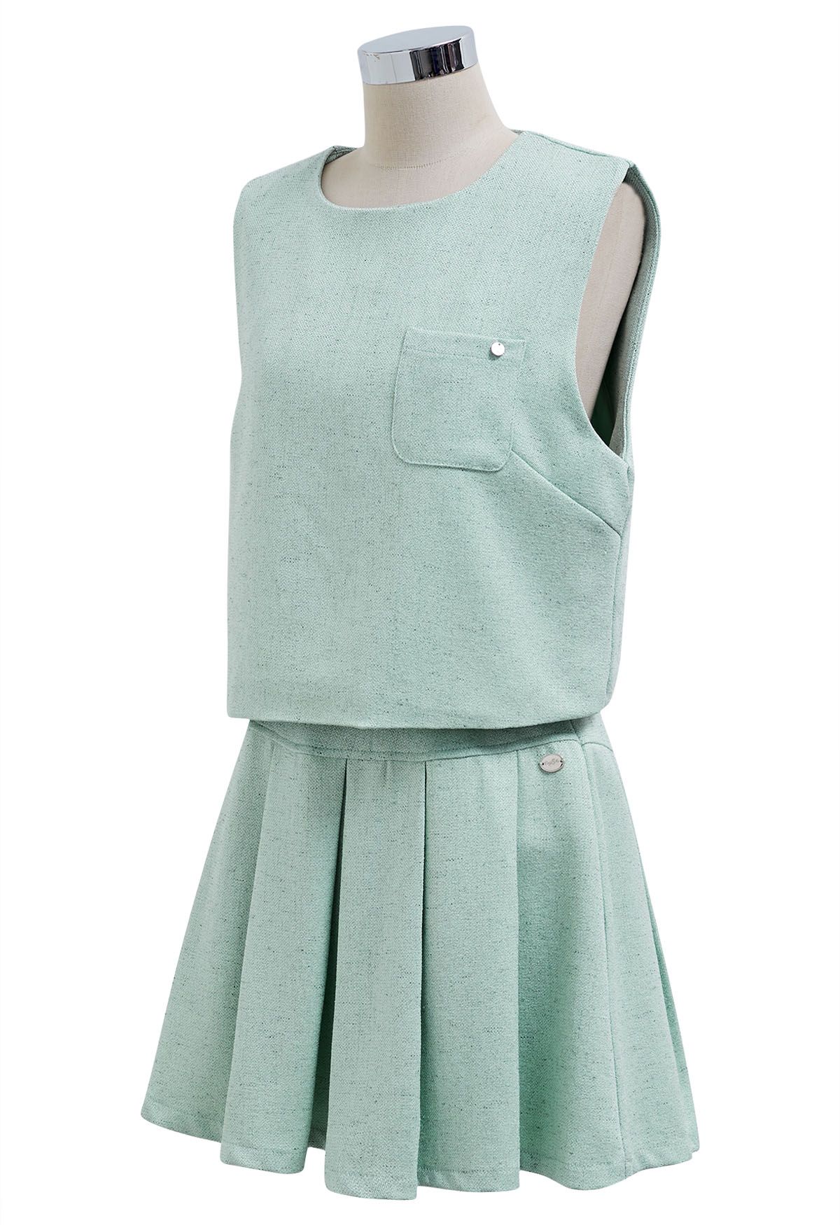 Chic Tweed Sleeveless Top and Pleated Mini Skirt Set in Mint