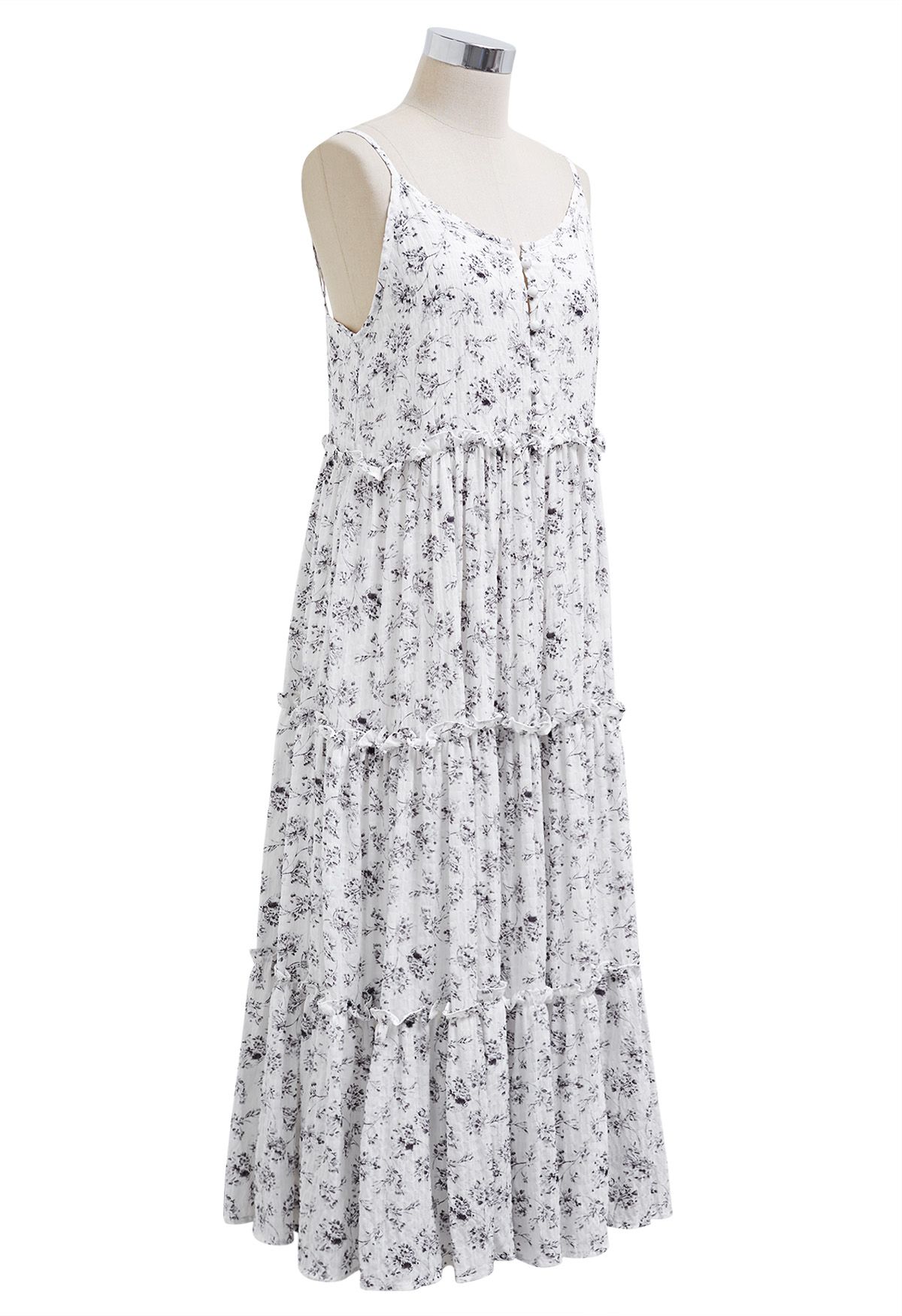 Floral Front Buttoned Ruffled Trim Cami Midi Dress in White