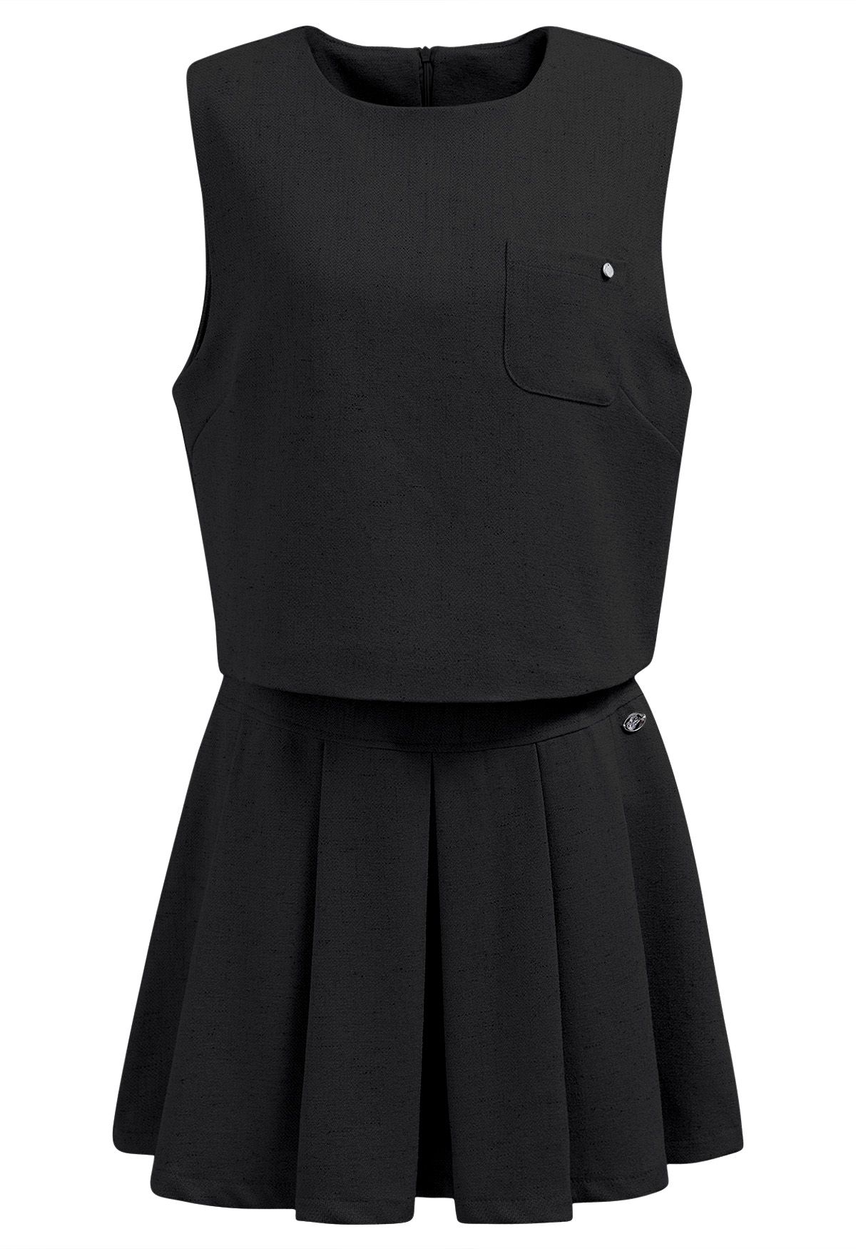 Chic Tweed Sleeveless Top and Pleated Mini Skirt Set in Black