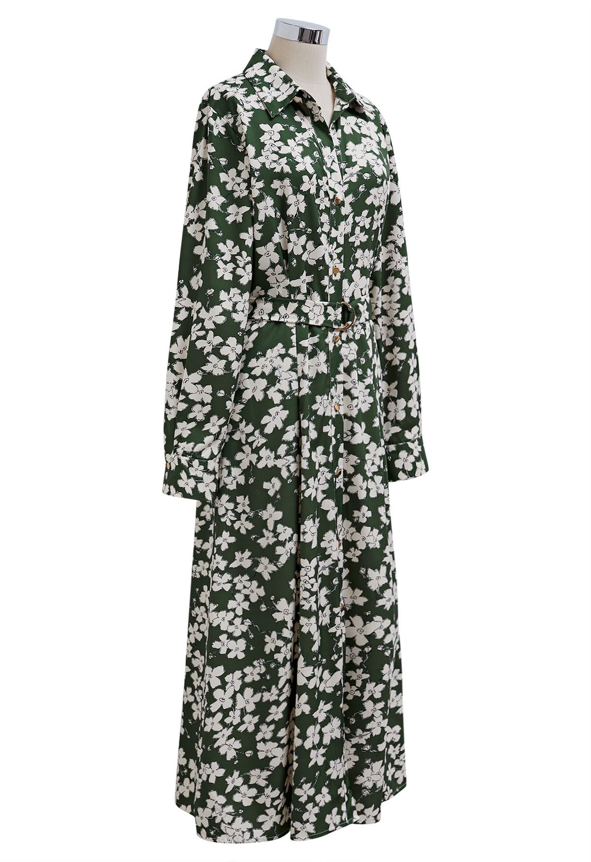 V-Neck Collared Floral Printed Belted Maxi Dress