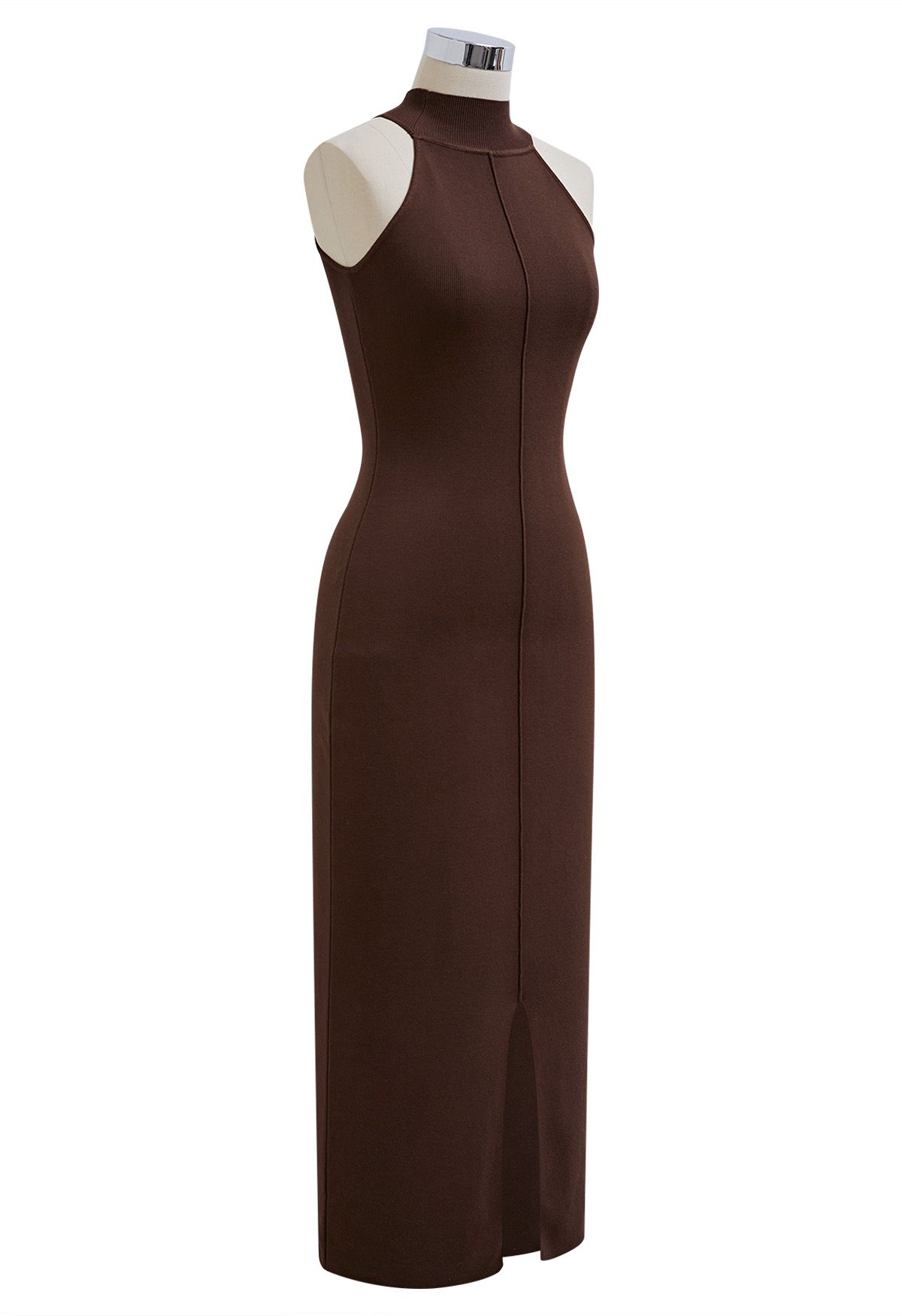 Seam Detailing Halter Bodycon Knit Dress in Brown