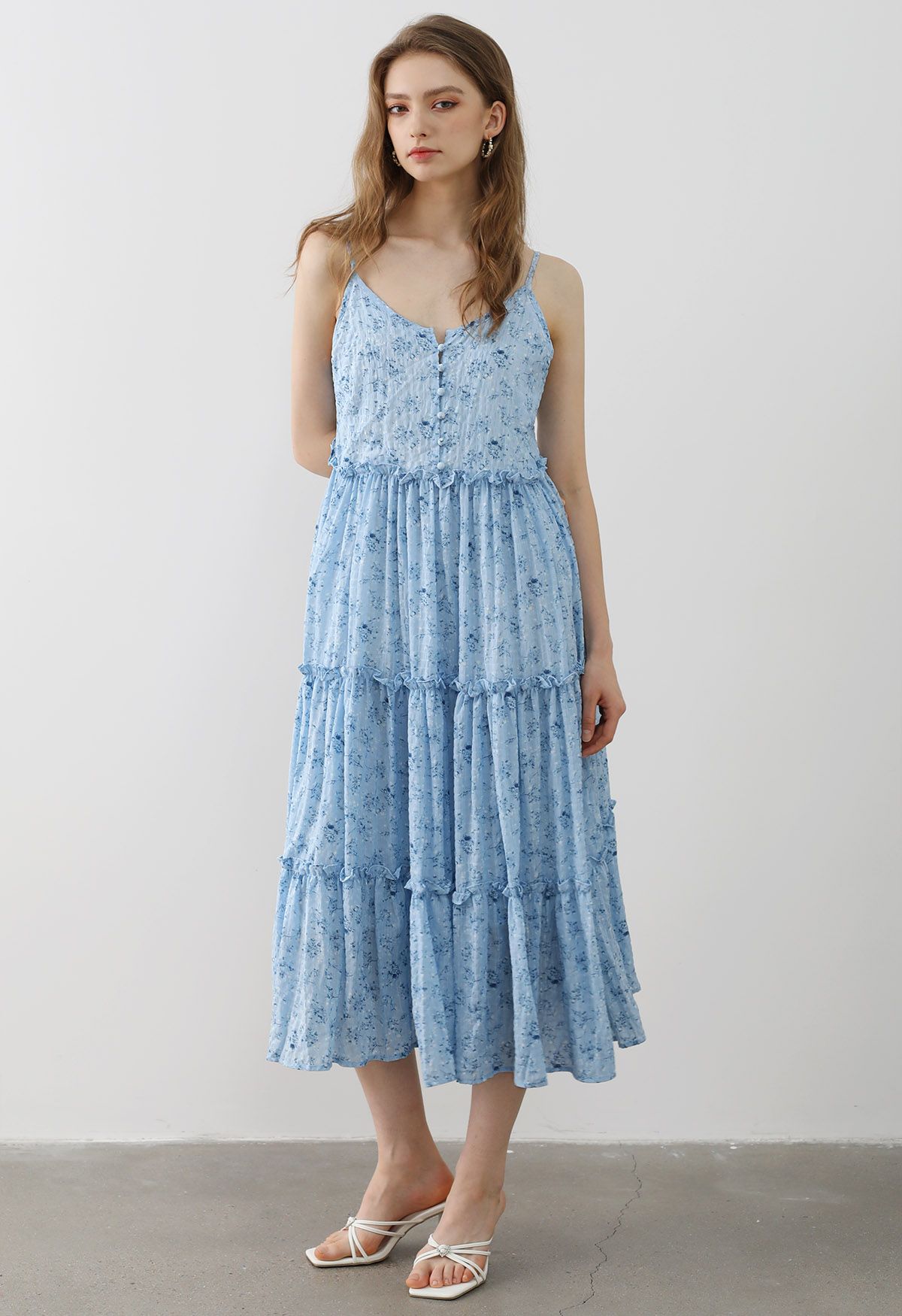 Floral Front Buttoned Ruffled Trim Cami Midi Dress in Blue