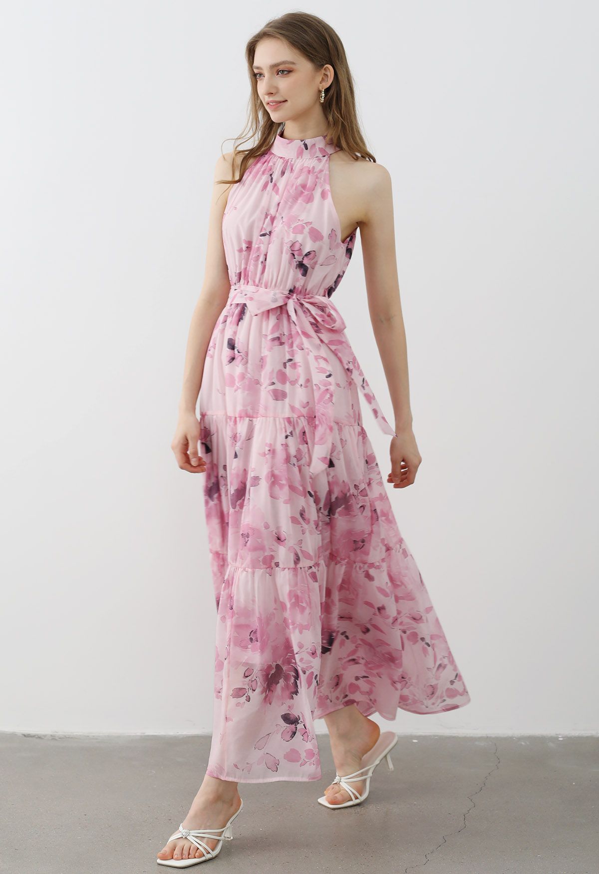 Floral Halter Neck Tie Waist Maxi Dress in Pink