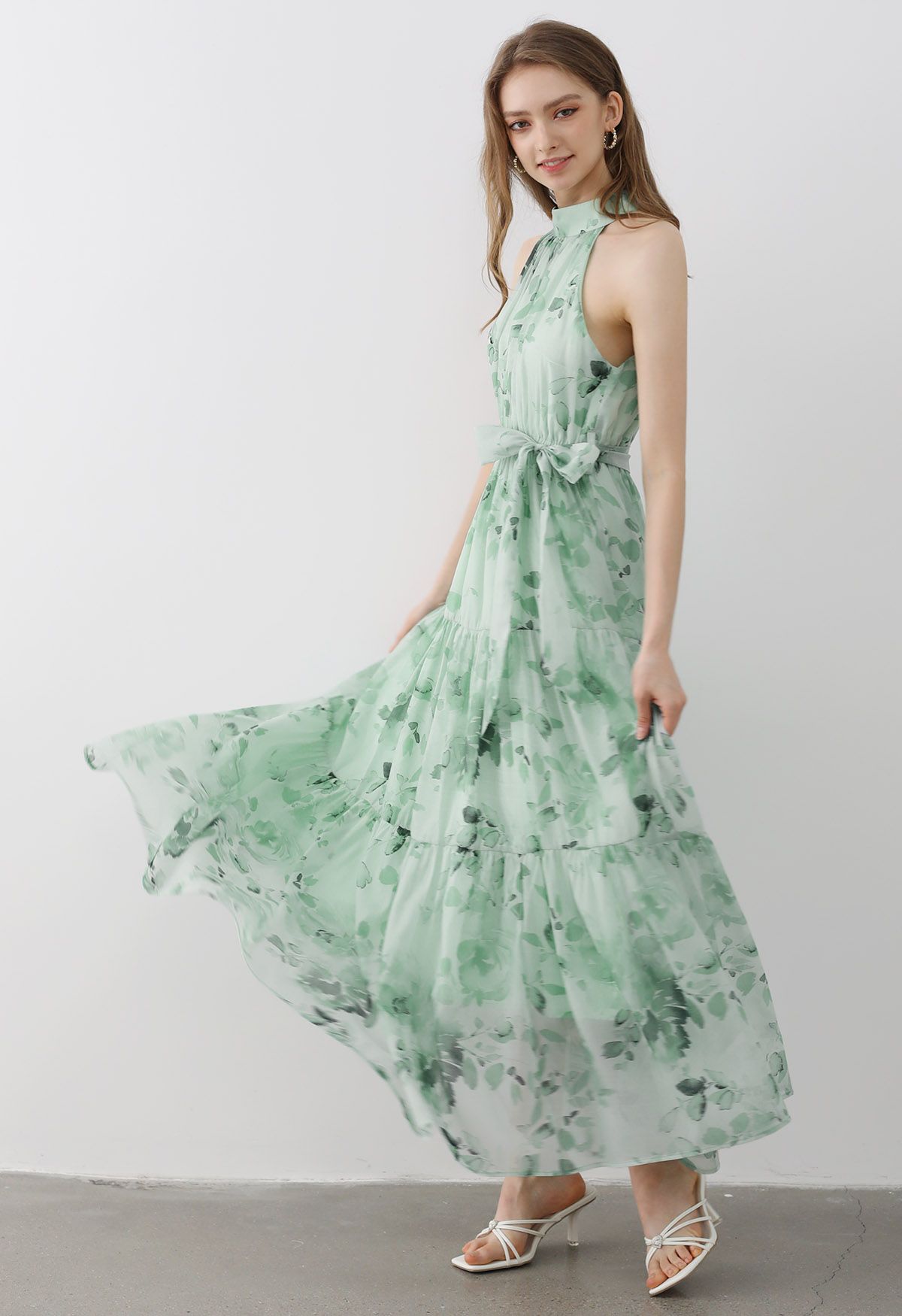 Floral Halter Neck Tie Waist Maxi Dress in Mint