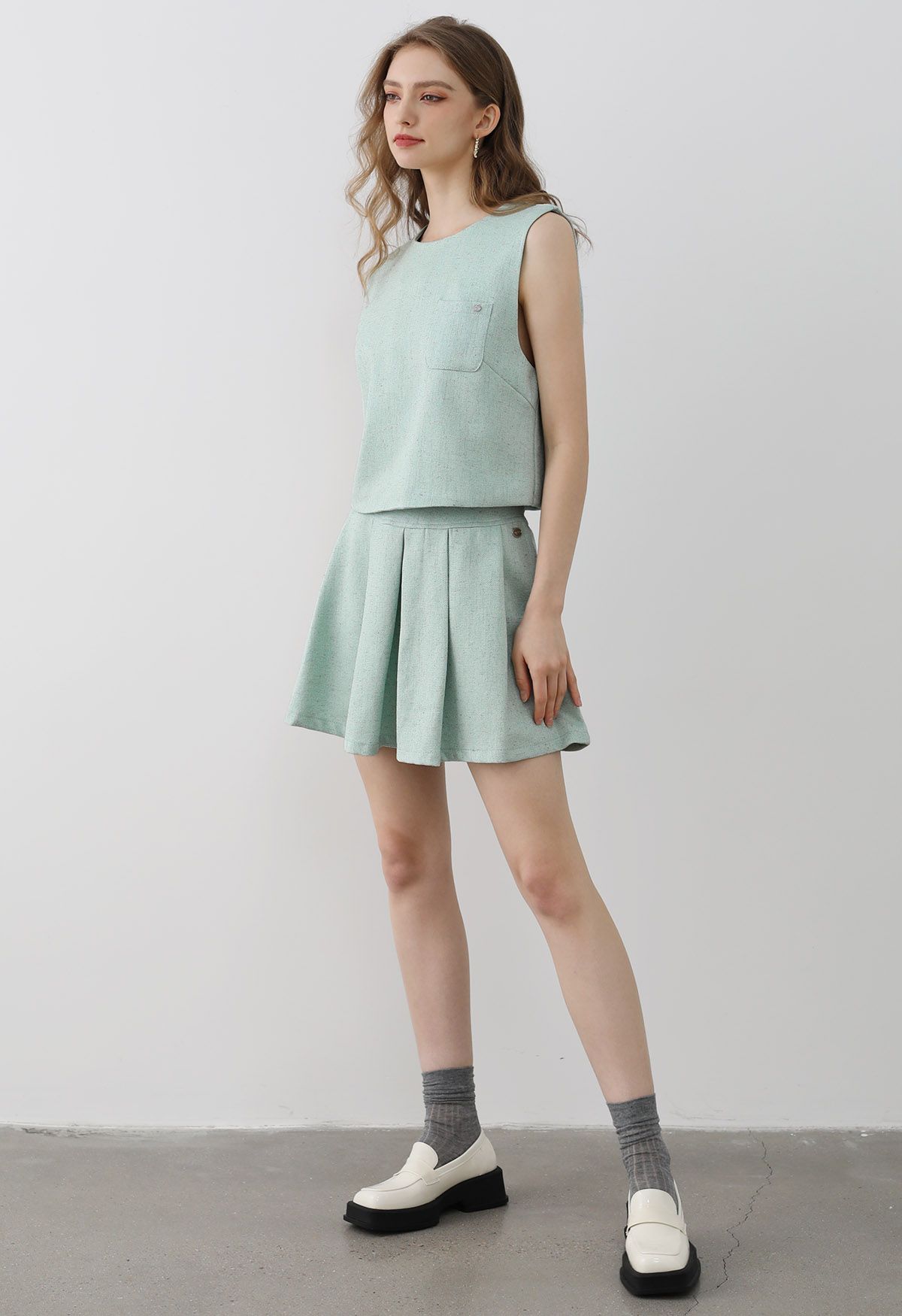 Chic Tweed Sleeveless Top and Pleated Mini Skirt Set in Mint