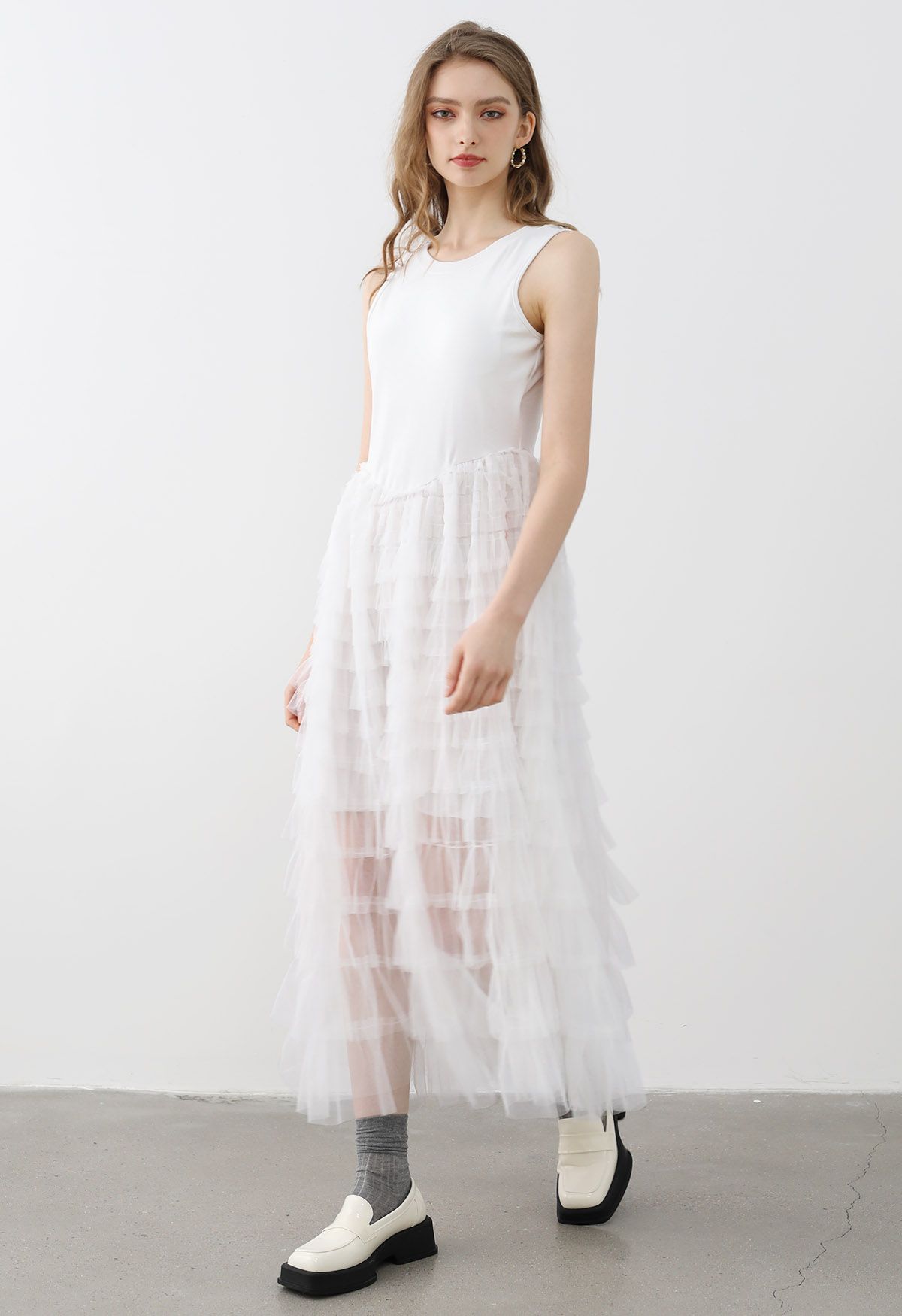 Tiered Mesh Spliced Sleeveless Maxi Dress in White