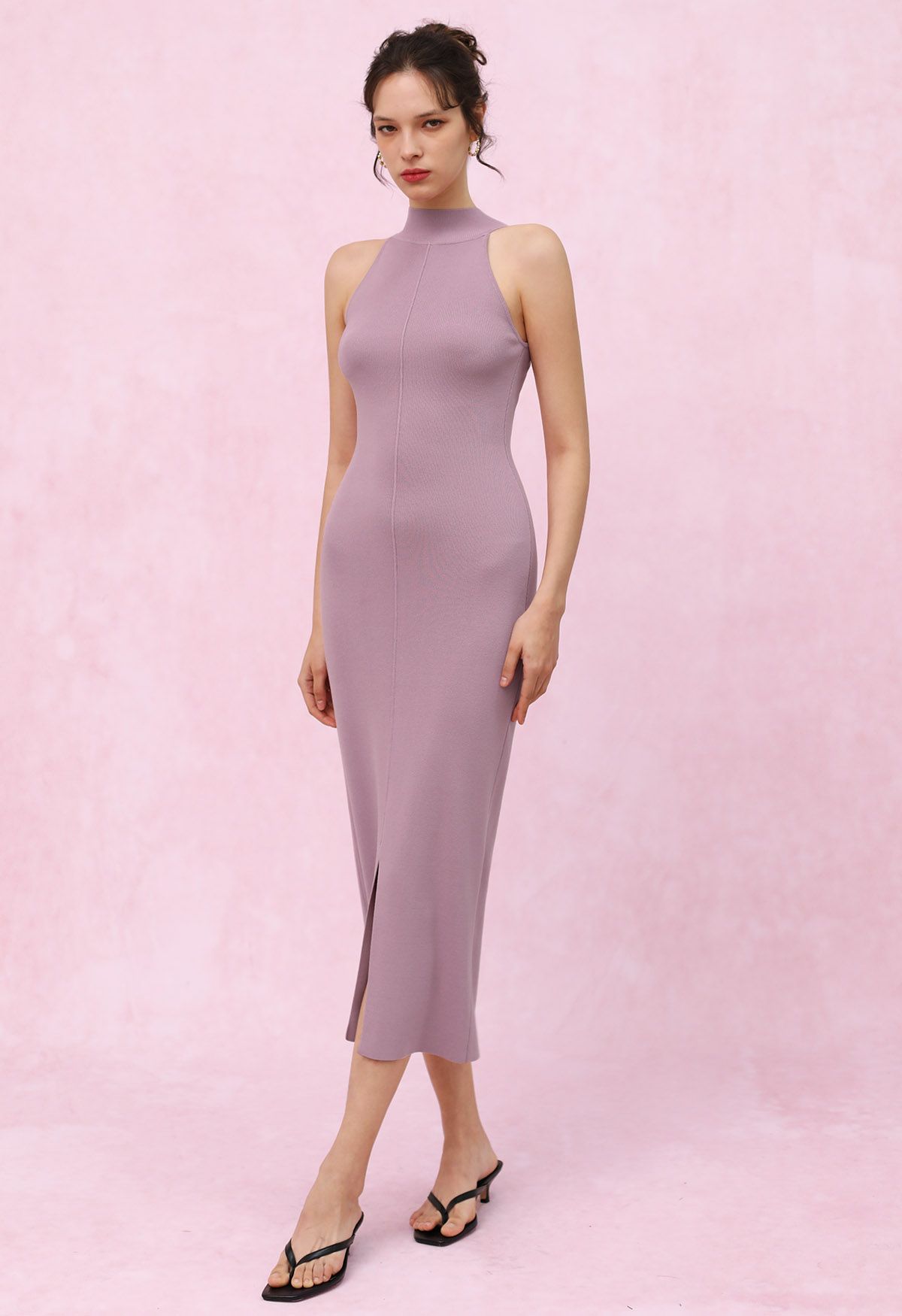 Seam Detailing Halter Bodycon Knit Dress in Pink