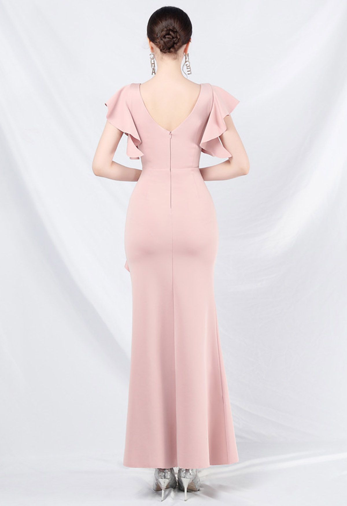 Glamorous Ruffle Trim Slit Mermaid Gown in Pink