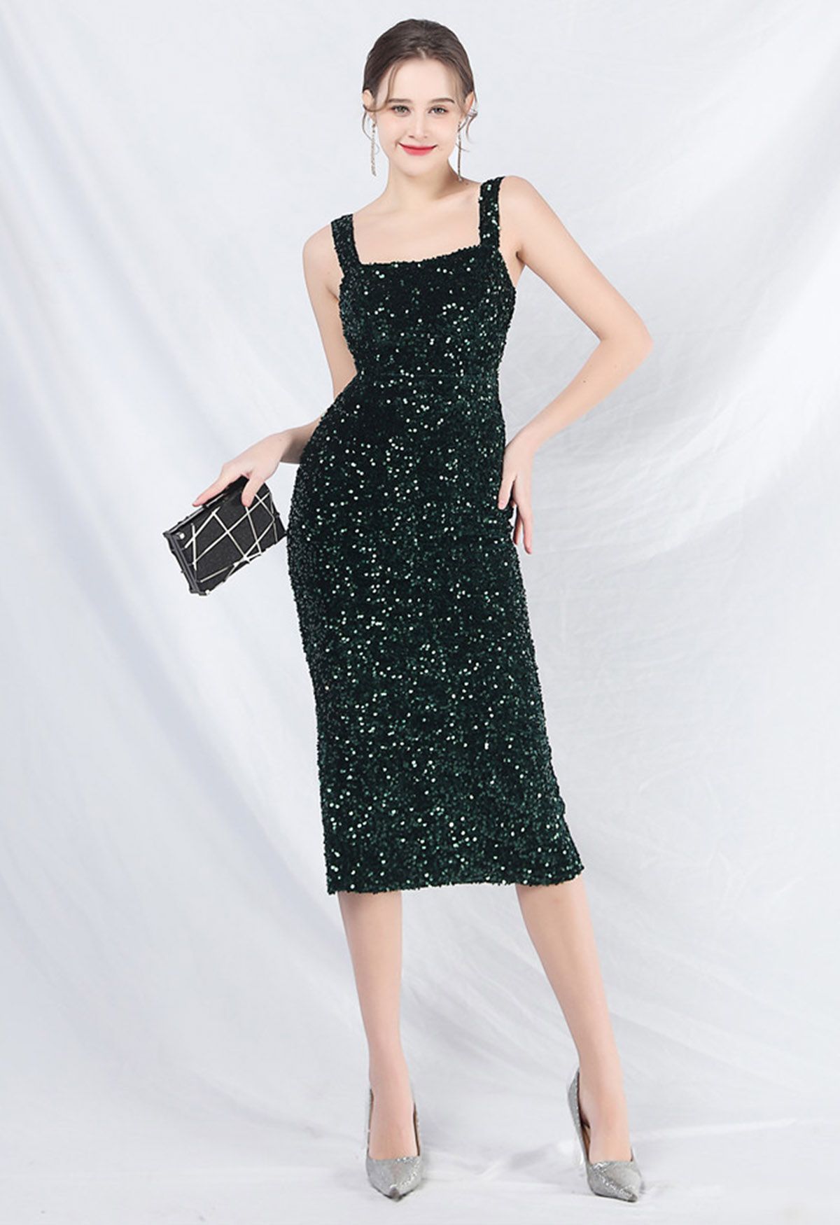 Glitzy Sequin Split Velvet Cami Gown in Dark Green