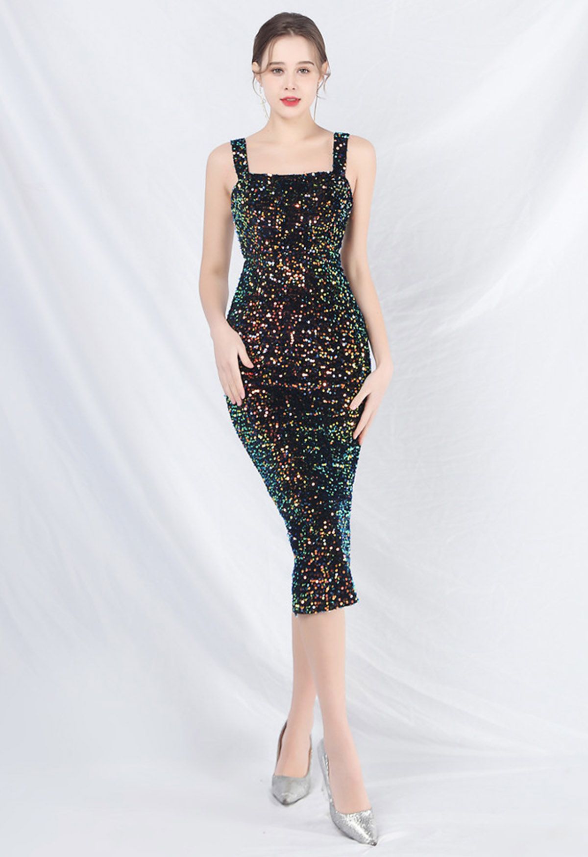 Glitzy Sequin Split Velvet Cami Gown in Black