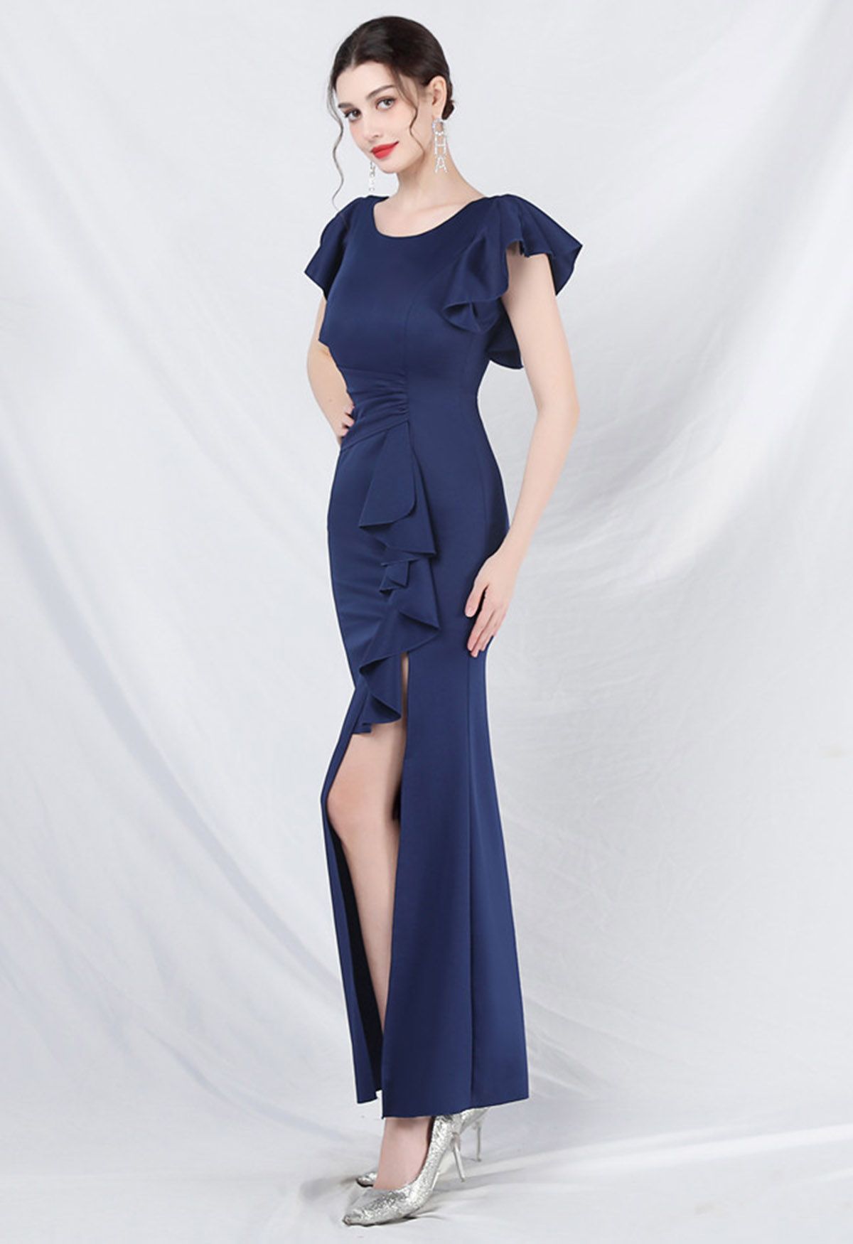 Glamorous Ruffle Trim Slit Mermaid Gown in Navy