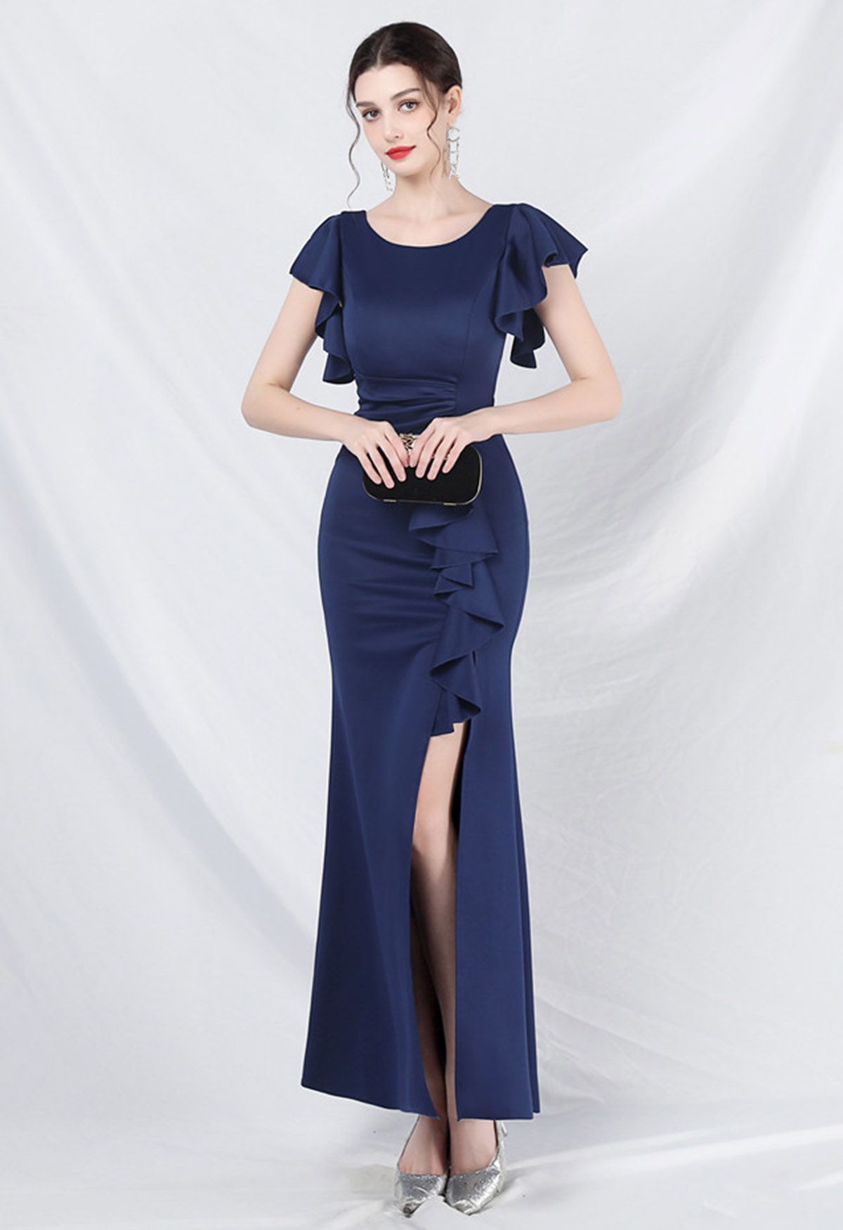 Glamorous Ruffle Trim Slit Mermaid Gown in Navy