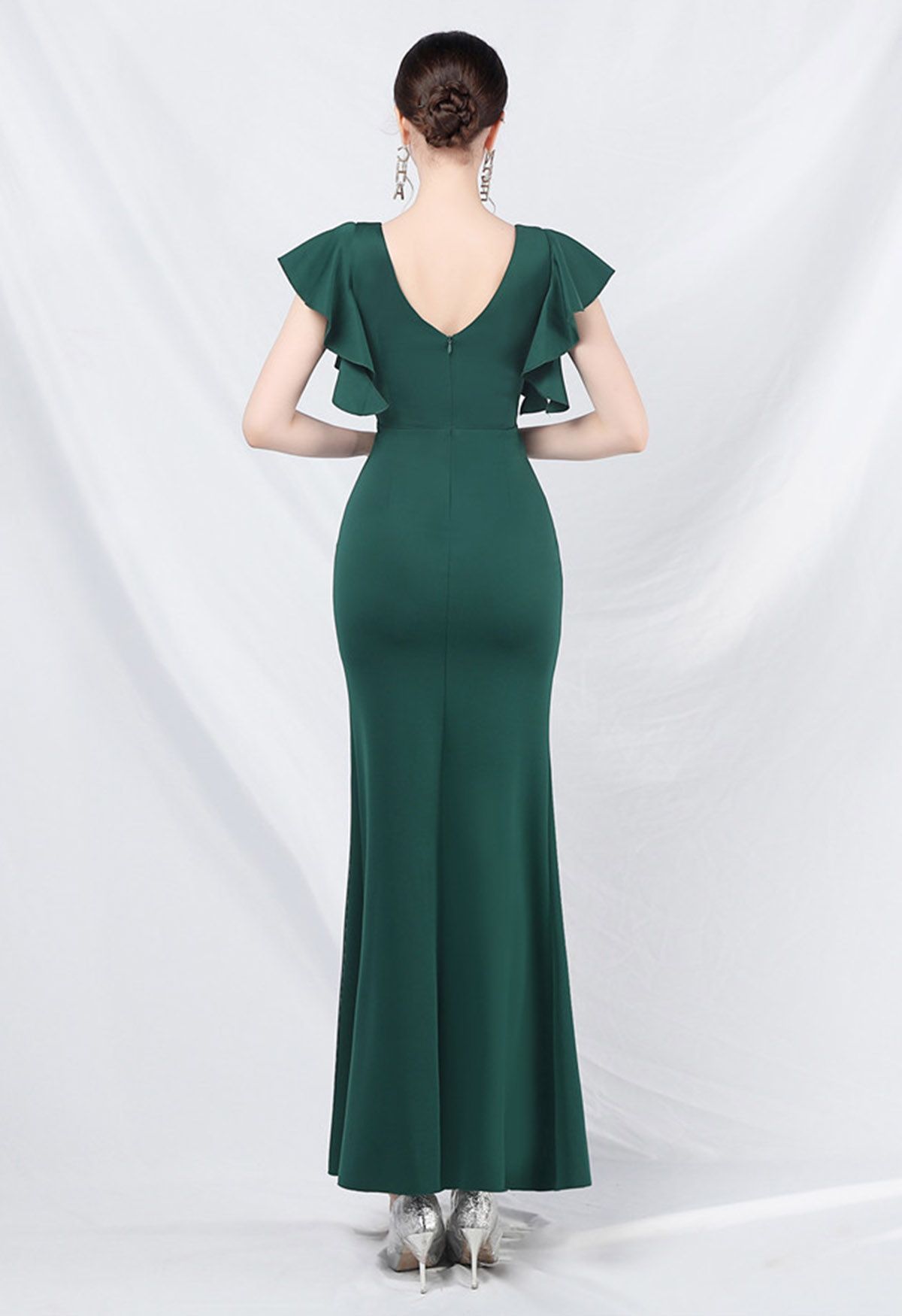 Glamorous Ruffle Trim Slit Mermaid Gown in Dark Green